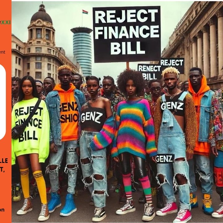 L'image présente un groupe de jeunes, souvent d'origines diverses, qui se tiennent ensemble dans un environnement urbain dynamique. Ils portent des vêtements aux couleurs vives et au style tendance, avec des slogans visibles sur leurs tenues et des pancartes. Au centre, le message principal "REJECT FINANCE BILL" est affiché en lettres grandes et claires, soulignant leur protestation. La scène évoque un sentiment de solidarité et de détermination, illustrant l'engagement de la "Génération Z" dans des sujets sociaux et politiques. En arrière-plan, des bâtiments modernes et historiques contribuent à l'ambiance urbaine.