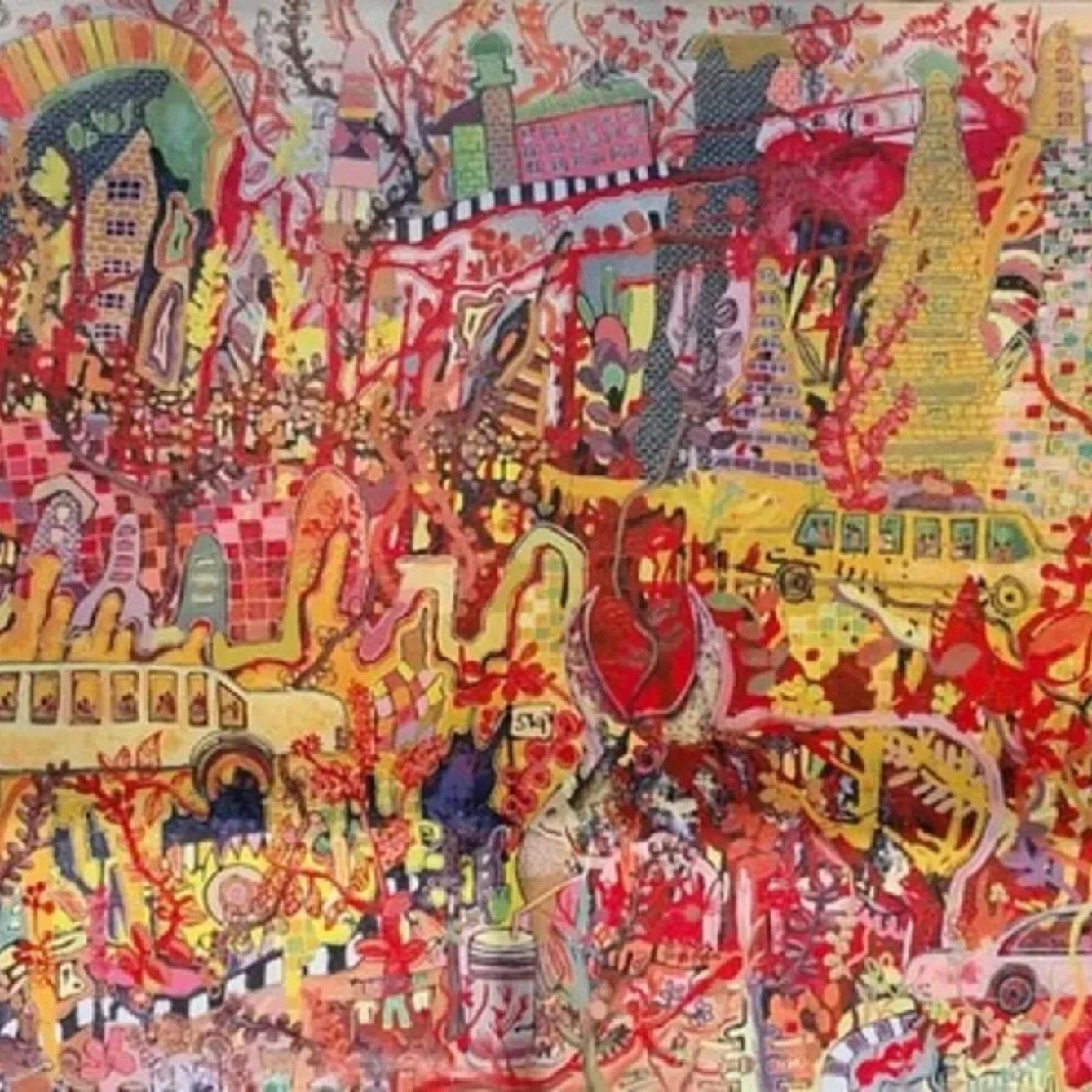 L'image est une œuvre vibrante et complexe, remplie de couleurs éclatantes allant du rouge au jaune, en passant par des touches de bleu et de vert. On y voit une scène urbaine animée, avec des voitures de taxi stylisées, notamment une limousine et d'autres véhicules, qui se déplacent à travers un paysage chaotique. Des motifs floraux et des formes abstraites s'entrelacent, donnant une impression de mouvement et de vitalité. Les bâtiments sont dessinés de manière fantaisiste, apparaissant comme des silhouettes juchées sur des collines. Il y a aussi des figures humaines stylisées, certaines se mêlant à l'architecture ou aux véhicules, tandis que des éléments narratifs comme des mots et des phrases se sont巧整合é dans l'ensemble. L'image évoque une sensation d'énergie et d'imprévisibilité, comme si le monde représenté était en pleine effervescence. Les couleurs chaudes et les formes enchevêtrées créent une atmosphère à la fois festive et légèrement surréaliste.