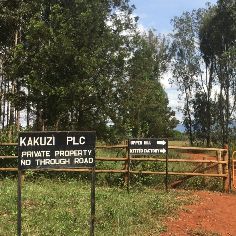 L'image montre une vue d'une rue d'accès menant à une propriété privée, entourée de végétation. À gauche, un panneau indique "KAKUZI PLC" et précise que c'est une propriété privée avec "NO THROUGH ROAD" (pas de passage autorisé). Le sol est recouvert de terre rouge, et une clôture en bois avec une porte fermée marque l'entrée. Derrière la clôture, on aperçoit des arbres feuillus qui encadrent le chemin. À droite, un panneau indique la direction vers "UPPER HILL" et une "KITTO FACTORY", ajoutant une touche d'orientation au paysage. Le ciel est clair avec quelques nuages épars.