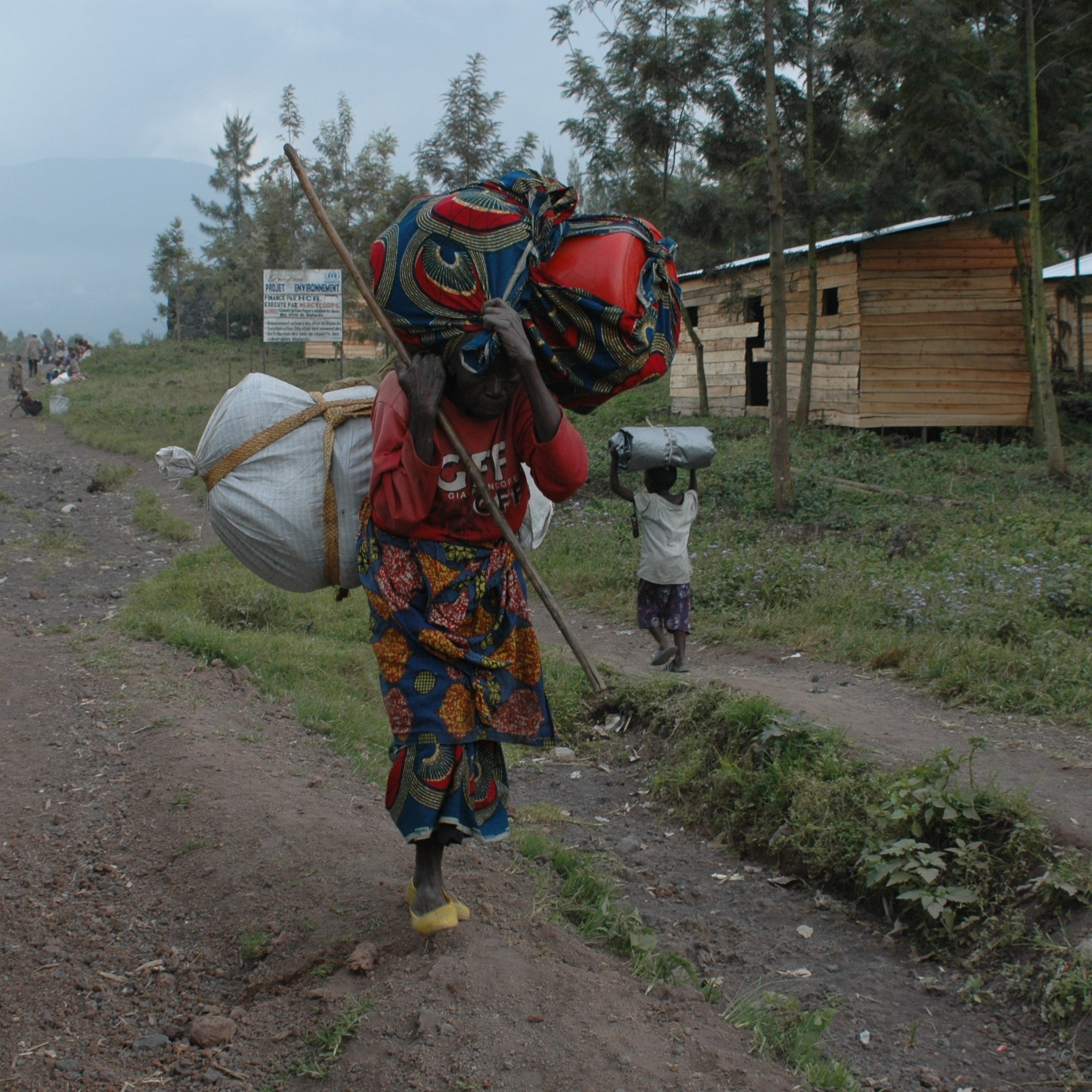 L'image montre un paysage rural d'une région montagneuse, probablement en Afrique. Sur la droite, vous voyez des maisons en bois, simples et fonctionnelles, avec un accent sur la nature environnante. À l'avant, une femme porte une charge lourde sur son dos, maintenue par un tissu coloré. Elle est vêtue d'une robe traditionnelle aux motifs vifs et colorés, qui contrastent avec le sol terreux et les feuillages verts. Dans le fond, une autre personne transporte également une charge, symbolisant la dureté du travail dans cette communauté. Les montagnes se dessinent en arrière-plan, offrant un sentiment d'immensité et de tranquillité, tandis que la scène évoque la résilience et le quotidien des habitants de cette région.