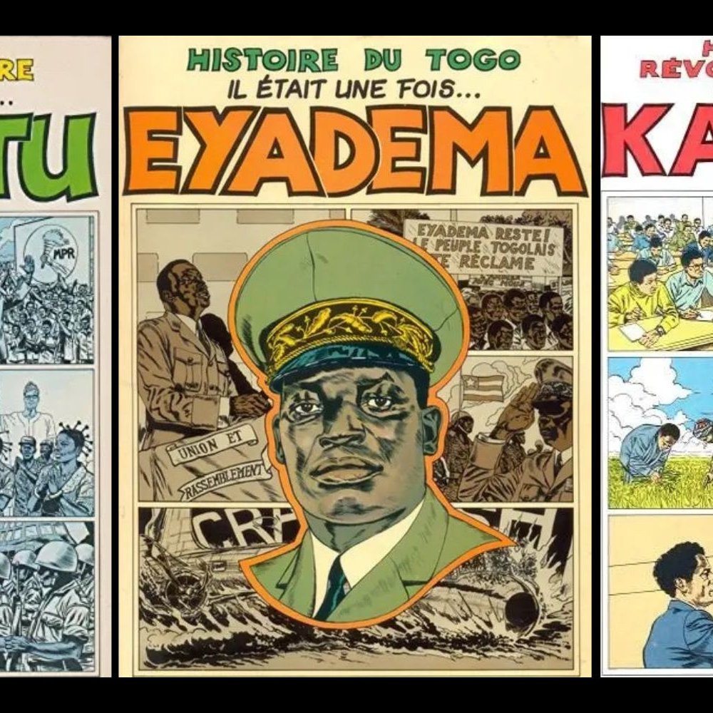 The image features three illustrated book covers, each depicting a different African leader: 1. **Mobutu**: The cover is titled "Histoire du Zaire" and shows Mobutu Sese Seko, characterized by his leopard-skin hat and colorful uniform. The background includes scenes of the country and social dynamics. 2. **Eyadema**: The second cover, titled "Histoire du Togo," portrays Gnassingbé Eyadéma, wearing a military uniform. The imagery suggests themes related to Togolese history and leadership. 3. **Kadhafi**: The third cover reads "Histoire de la Révolution Libyenne" and features Muammar Gaddafi, depicted with a serious expression amidst scenes of revolution and cultural symbols. Overall, the illustrations highlight the leaders' roles and historical contexts in their respective countries, with bold colors and graphic styles.