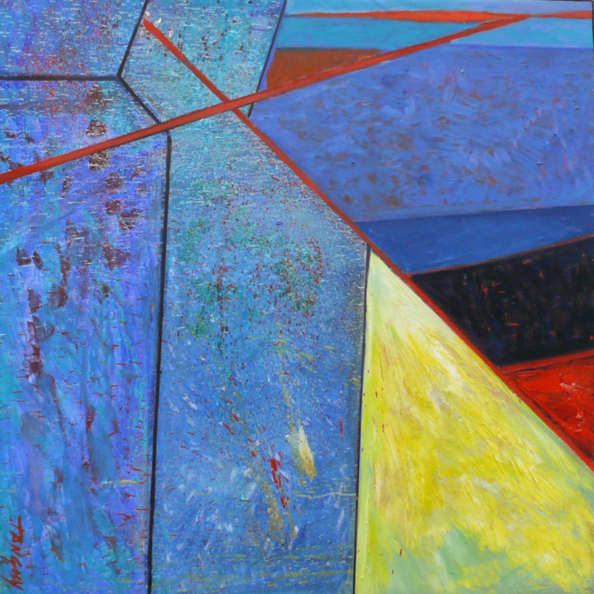 L'image présente une composition abstraite composée de formes géométriques aux couleurs vibrantes. On peut y distinguer des sections de bleu profond, évoquant les profondeurs de l'eau, et des touches de rouge vif, représentant peut-être la chaleur ou l'énergie. Des triangles jaunes ajoutent une sensation de luminosité et de dynamisme, tandis que des lignes diagonales en rouge tracent des chemins à travers la toile. L'ensemble dégage une impression de mouvement et d'interaction entre les différentes teintes, créant une atmosphère à la fois harmonieuse et captivante.