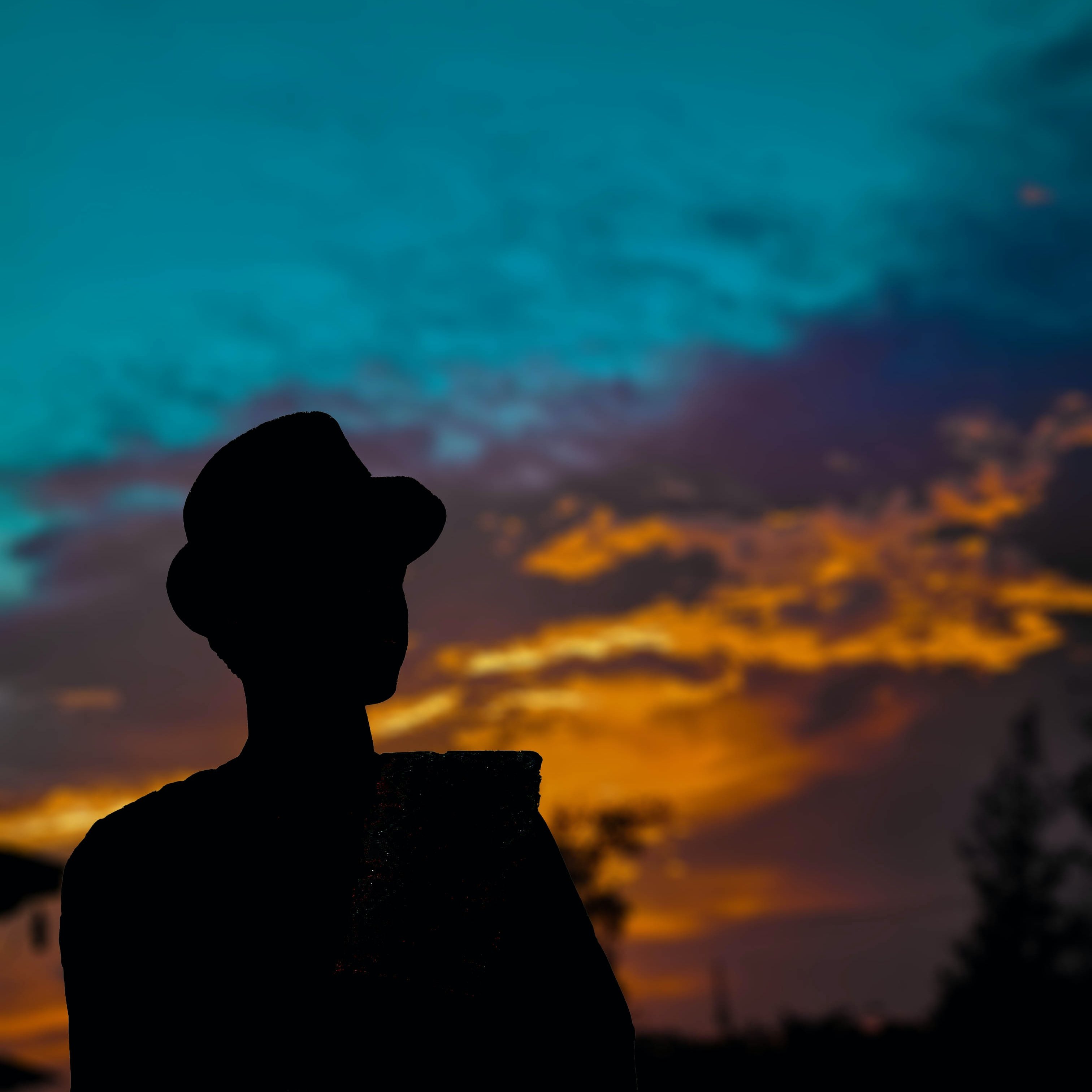 L'image présente une silhouette d'une personne se tenant debout, sur fond d'un ciel coloré au crépuscule. Le personnage porte un chapeau et semble contempler l'horizon. Le ciel est un mélange vibrant de bleu, d'orange et de violet, les nuages créant une atmosphère paisible et dramatique. Les couleurs chaudes du coucher de soleil se marient harmonieusement avec les teintes fraîches du ciel, engendrant une ambiance tranquille et contemplative.