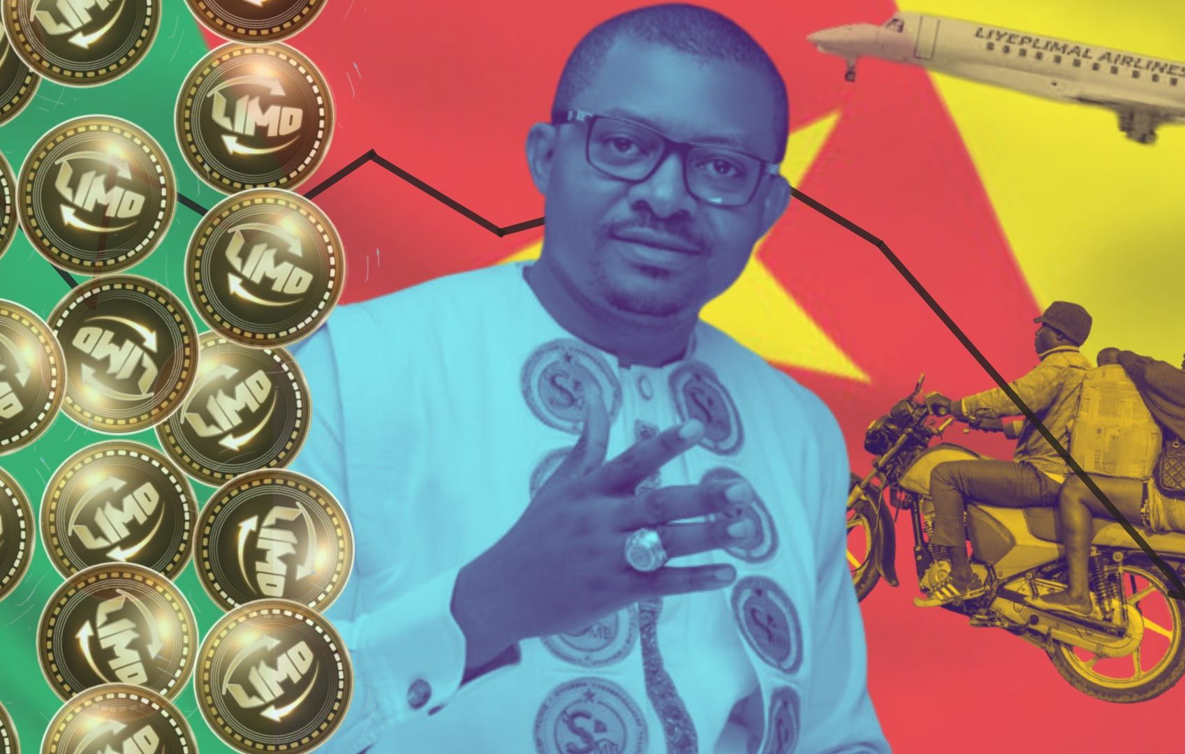 L'image présente un homme au visage souriant, vêtu d'une tenue traditionnelle blanche ornée de motifs. En arrière-plan, on peut voir des éléments colorés qui évoquent le Cameroun, notamment un drapeau aux couleurs vives. Des cercles d'argent avec le mot "LIMO" sont visibles, suggérant un lien avec une forme de monnaie ou de crypto-monnaie. À droite, deux personnes sont assises sur une moto, et un avion est également représenté, symbolisant des transports. L'ensemble crée une ambiance dynamique et moderne, mêlant culture locale et technologie.