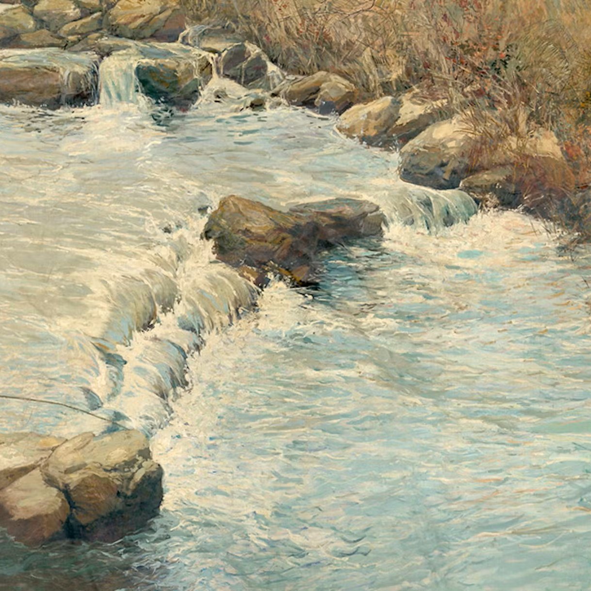 The image depicts a serene river scene with gentle flowing water. It features several rocky outcrops along the riverbank, where a few figures are engaged in fishing. The landscape is lush with grasses and a mix of plant life, suggesting a natural and tranquil environment. The colors are soft and soothing, with shades of blue and green dominating the water, while warmer tones are present in the surrounding foliage. The overall atmosphere conveys a sense of peace and connection to nature.