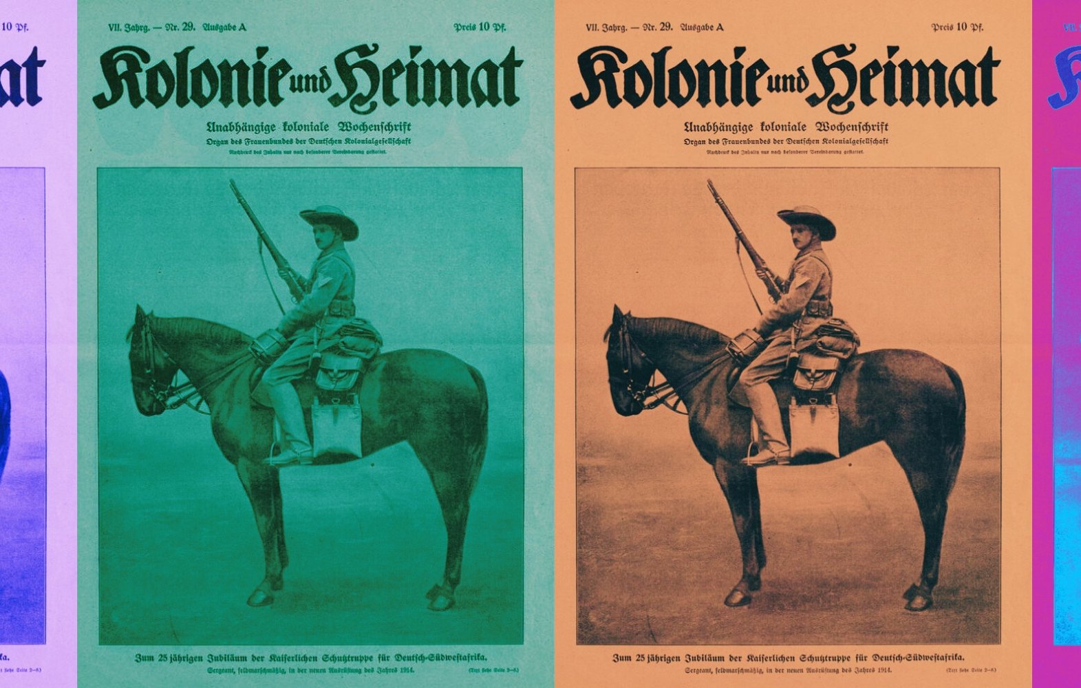 L'image présente une série de couvertures de magazine intitulé « Kolonie und Heimat », qui signifie « Colonies et Patrie » en français. Ces couvertures sont présentées en plusieurs teintes de couleurs différentes : une en vert, une en orange, et une en violet. Chaque couverture montre un homme habillé en tenue d'équitation, tenant un fusil, approché de son cheval. L'homme est en position droite, affichant une expression déterminée. Le cheval est représenté dans une posture robuste, avec une attention particulière portée sur ses détails. Le fond est assez simple, mettant en valeur le sujet central. Ces couvertures semblent refléter un style visuel vintage, probablement datant d'une époque où le colonialisme était un sujet courant. L'ensemble de l'image a également une texture qui donne l'impression d'imprimerie ancienne.