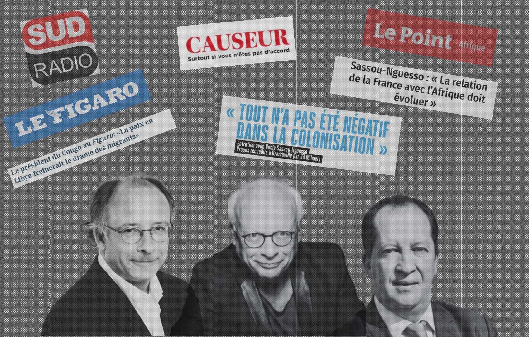 L'image présente un collage de plusieurs éléments médiatiques, dont des logos de différentes publications françaises, comme "Sud Radio", "Le Figaro", "Causeur" et "Le Point Afrique". Au centre, il y a trois hommes en portrait, avec des expressions sérieuses, probablement des intervenants ou des commentateurs. Des bulles de texte mettent en avant des citations, dont une sur la colonisation, indiquant que "Tout n'a pas été négatif dans la colonisation". Cela suggère une discussion ou un débat sur des sujets sensibles, liés à l'histoire coloniale et aux relations entre la France et l'Afrique. L'arrière-plan est texturé, ajoutant une profondeur visuelle, tout en soulignant l'importance des thèmes de l'image.