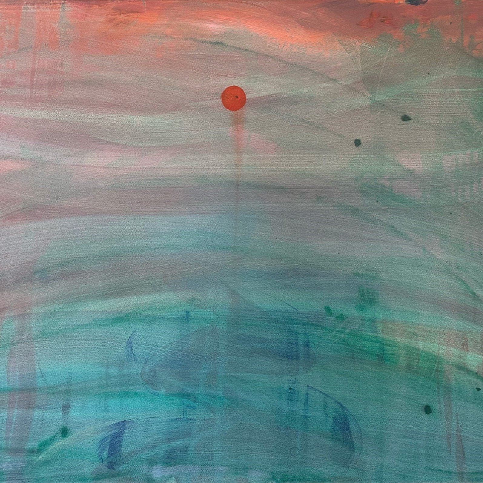 Cette image est une peinture abstraite qui présente un fond aux teintes douces. On y voit un mélange de couleurs telles que le bleu, le vert et des nuances de rose qui se côtoient harmonieusement. Au centre de la toile, un point rouge vif attire le regard, contrastant avec les couleurs environnantes. Les coups de pinceau semblent fluides, créant une sensation de mouvement et de profondeur. L'ensemble dégage une atmosphère paisible et rêveuse, invitant à la contemplation.