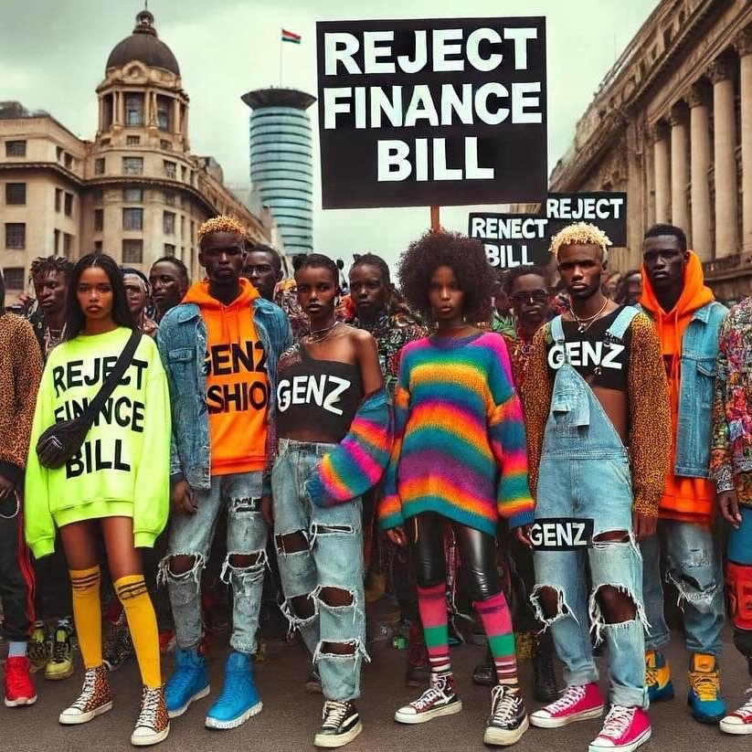 L'image montre un groupe de jeunes engagés dans une manifestation. Ils portent des vêtements colorés et audacieux, avec des slogans comme "GENZ" affichés sur leurs vêtements. Au centre, ils tiennent une grande pancarte sur laquelle est écrit "REJECT FINANCE BILL". En arrière-plan, on peut voir des bâtiments urbains et d'autres personnes, créant une ambiance dynamique et soudée autour de leur cause. Les couleurs vives et les expressions de détermination ajoutent à l'énergie de la scène.