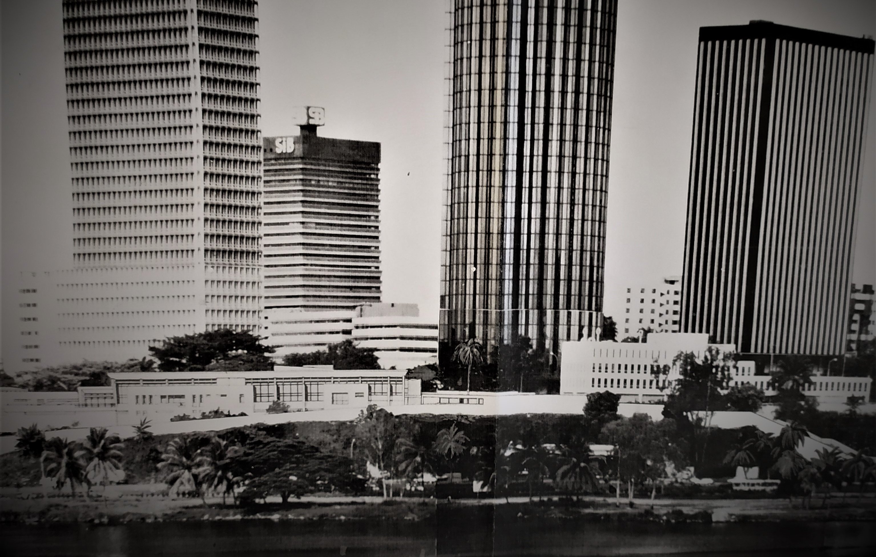 L'image présente un paysage urbain en noir et blanc, mettant en avant plusieurs gratte-ciels modernes. À gauche, on voit un bâtiment rectangulaire avec une surface lisse, tandis qu'un autre, plus haut et avec des fenêtres brillantes, est au centre. À droite, un troisième gratte-ciel, plus fin, se dresse avec des lignes verticales qui accentuent sa hauteur. Au premier plan, on aperçoit une verdure, probablement des palmiers, qui contraste avec la rigueur des bâtiments. L'ensemble dégage une ambiance à la fois dynamique et architecturale.