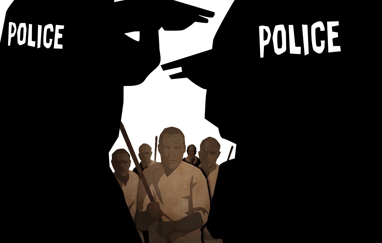 L'image présente deux silhouettes de policiers se faisant face, portant des uniformes avec le mot "POLICE" bien visible à l'arrière. Les policiers tiennent des armes, et l'une des silhouettes semble être en position de confrontation. En arrière-plan, on peut distinguer un groupe de personnes, qui semblent regarder la scène, légèrement floues, suggérant une tension. Le fond est d'un blanc pur, ce qui accentue le contraste avec les silhouettes sombres des policiers et les figures du groupe. L'atmosphère de l'image évoque un moment de tension ou de confrontation.