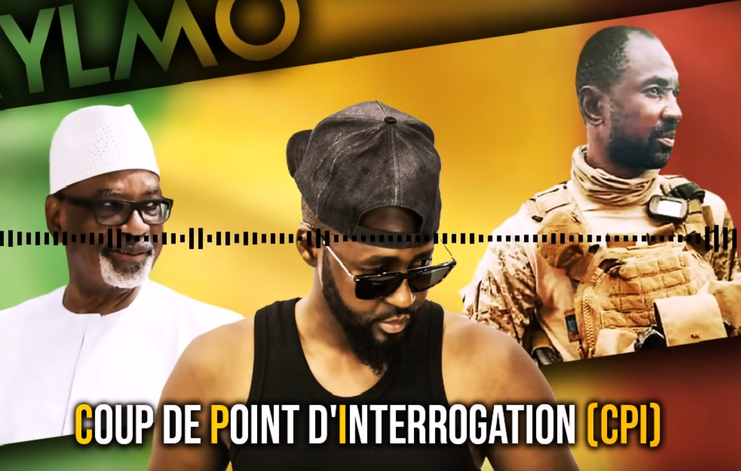 L'image présente un collage dynamique avec des éléments visuels attrayants. À gauche, on voit un homme portant un costume traditionnel et un chapeau blanc. À droite, un soldat en uniforme militaire, avec une expression sérieuse. Au centre, un homme en t-shirt noir regarde vers le bas, semblant pensif. En arrière-plan, on distingue des couleurs vives, principalement vert et jaune, ajoutant une atmosphère énergique. En bas de l'image, il y a le texte "COUP DE POINT D'INTERROGATION (CPI)" en lettres capitales, indiquant probablement le titre ou le thème central de l'œuvre. En somme, l'image évoque une confrontation ou un dialogue autour de questions importantes.