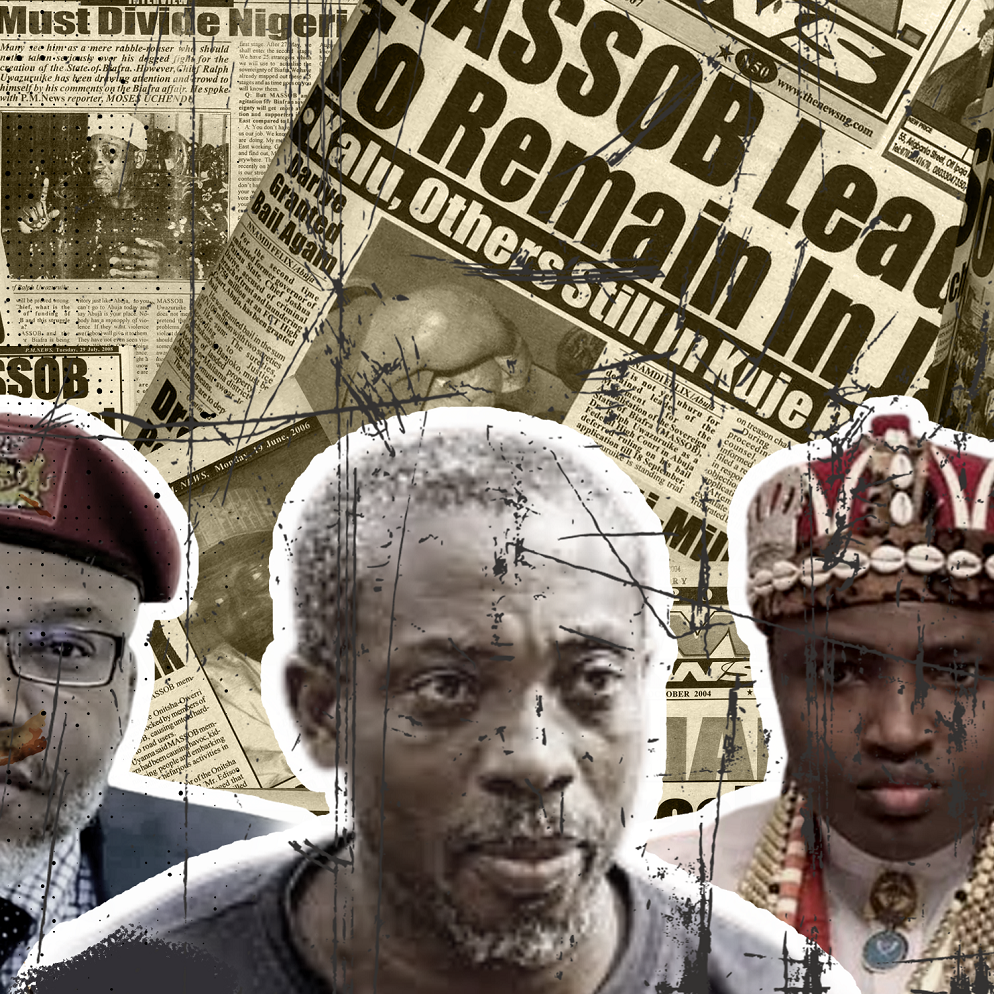 L'image représente un collage d'éléments visuels symboliques liés à un contexte historique ou politique. En arrière-plan, on peut voir des extraits de journaux, suggérant une ambiance de reportage et d'actualité. Au premier plan, il y a trois silhouettes d'hommes, chacun portant des attributs distincts. Le premier, à gauche, est habillé en tenue militaire avec une casquette, tandis que le second, au centre, a une expression sérieuse et un style vestimentaire décontracté. Le dernier homme, à droite, porte une coiffe traditionnelle qui indique des racines culturelles profondes. L'ensemble de l'image transmet une impression de tension et de gravité, avec des éléments graphiques qui soulignent les enjeux sociopolitiques évoqués par les visages et les textes.