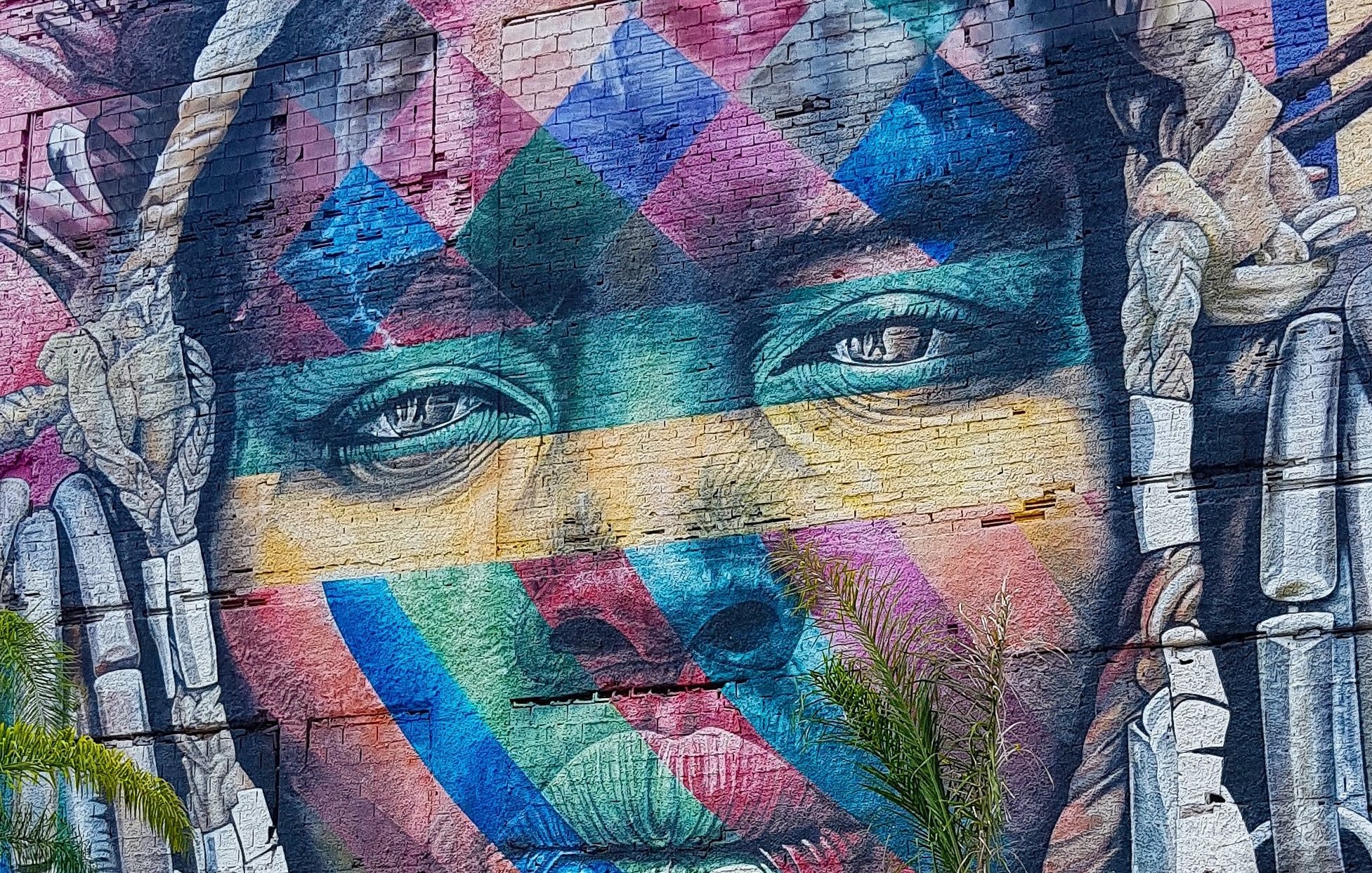 L'image présente une grande fresque murale colorée à la surface d'un bâtiment. Au centre, on voit le visage d'une personne, dont les traits sont rehaussés par des motifs géométriques en plusieurs couleurs, notamment des nuances de bleu, de rose, de jaune et de vert. Cette représentation artistique semble transmettre une intense expression émotionnelle, avec des yeux profonds et captivants. La personne porte des accessoires distinctifs dans les cheveux et des ornements sur le visage, ajoutant à la richesse de cette œuvre. En bas à droite, on aperçoit une jeune plante, évoquant un contraste entre l'urbanisme et la nature. L'ensemble de l'œuvre évoque une sensation de vitalité et de culture.