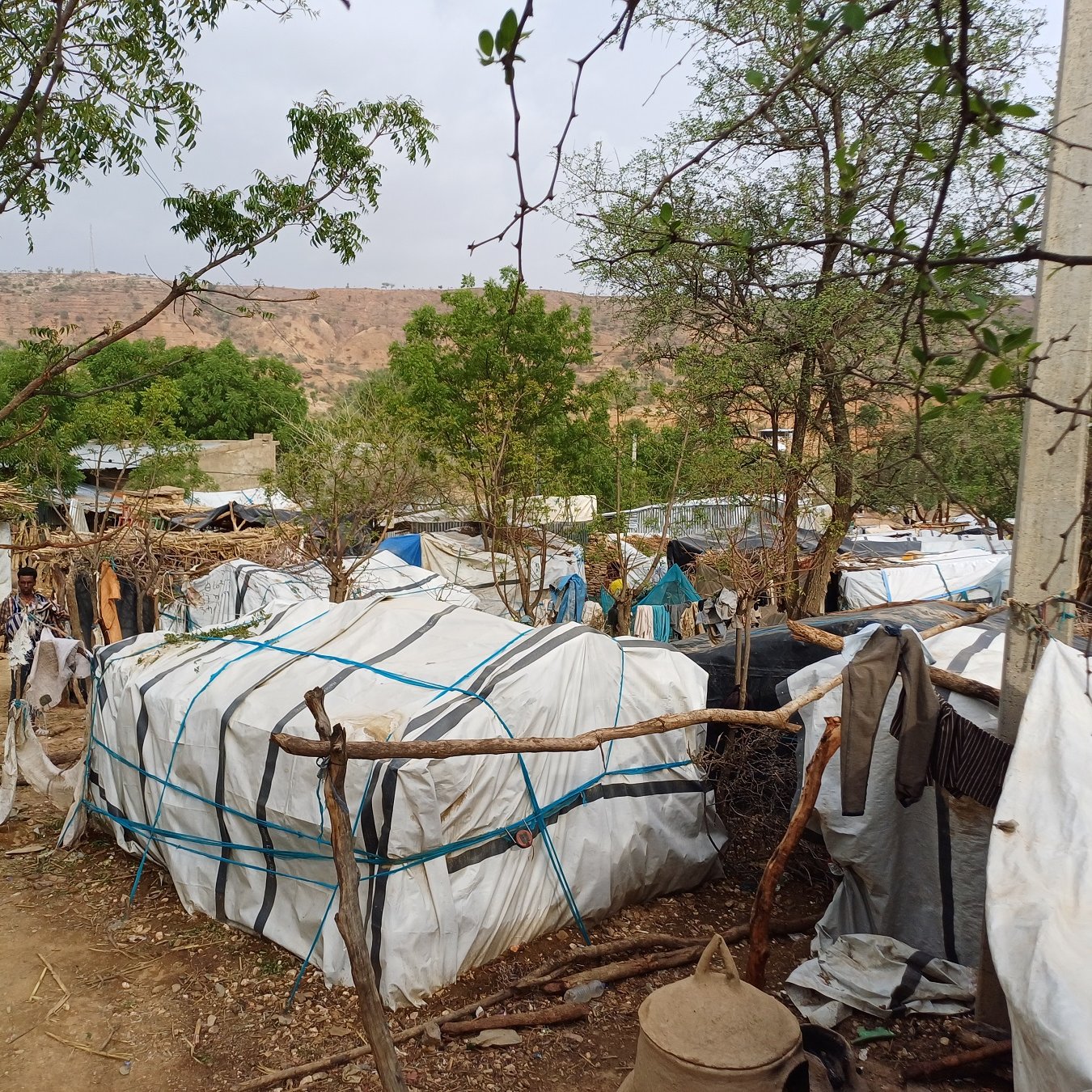 L'image montre un espace de vie informel composé de plusieurs habitations temporaires. Les maisons sont construites avec des matériaux comme des bâches blanches, des morceaux de toile et des branches, ce qui leur donne un aspect rustique. On peut voir des vêtements accrochés à l'extérieur, indiquant la présence des habitants. Le paysage environnant est légèrement vallonné, avec des collines en arrière-plan et de la végétation sporadique, notamment des arbres. Le ciel est nuageux, créant une ambiance calme mais légèrement mélancolique. Ce milieu semble être une communauté où la vie quotidienne se déroule dans un cadre naturel.