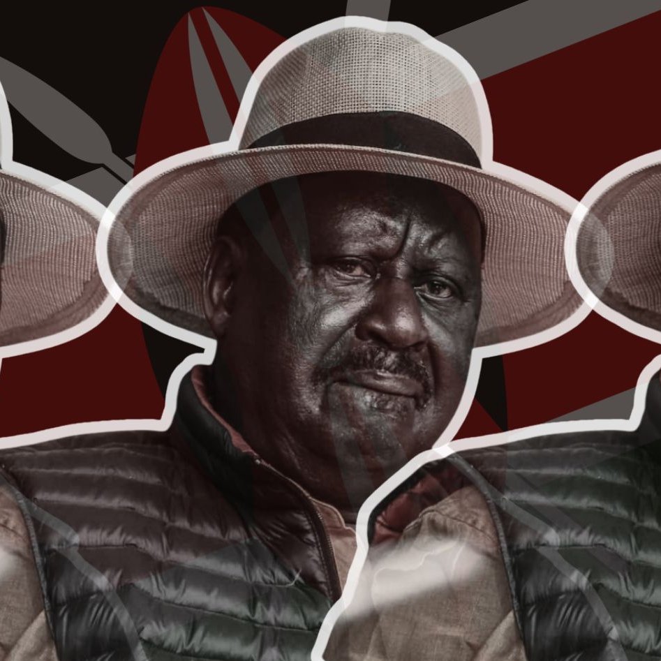 L'image présente un homme avec un visage sérieux, habillé d'une chemise, portant une veste rembourrée et un chapeau de paille large. Ses traits sont marqués et son expression semble refléter une profonde réflexion ou détermination. En arrière-plan, des couleurs et motifs évoquent le drapeau du Kenya, avec des éléments géométriques qui créent une ambiance dynamique. L'image est stylisée, montrant plusieurs fois le même homme, ce qui lui donne un effet de répétition visuelle. L'ensemble transmet une impression de force et de présence.