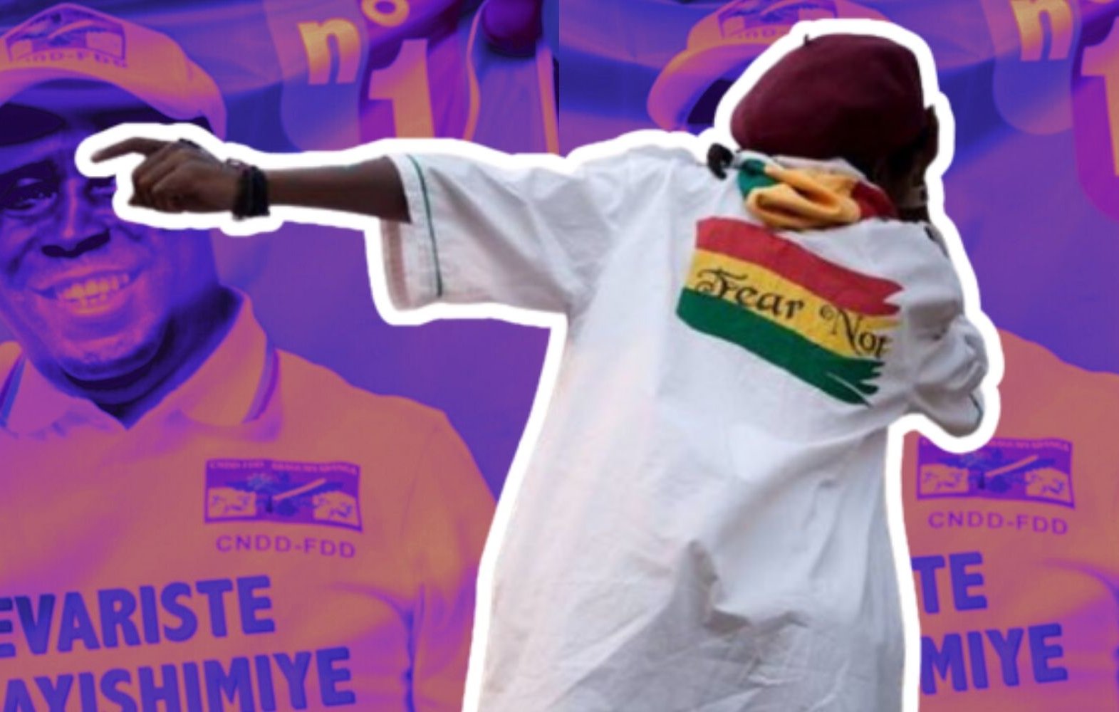 L'image présente une scène dynamique où une personne en mouvement semble célébrer ou exprimer de l'enthousiasme. Elle porte une grande chemise blanche drapée avec une inscription colorée à l'arrière, qui représente un drapeau. En arrière-plan, deux silhouettes floues d'un homme souriant entrecroisent des motifs aux couleurs vives, suggérant un événement festif ou politique. Les teintes dominantes sont violettes et jaunes, créant une atmosphère vibrante. L'ensemble transmet des émotions positives et une dynamique de joie.