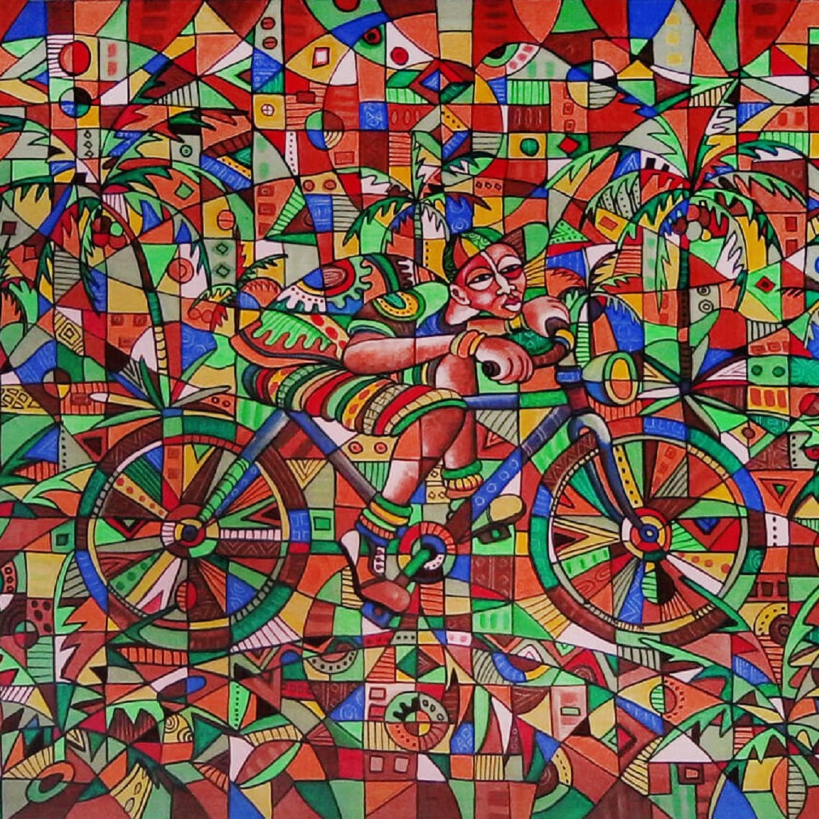 L'image présente une composition vibrante et colorée, dominée par des teintes de rouge, vert et jaune. Au centre, un personnage détendu est assis sur un vélo, entouré d'un environnement tropical qui évoque des palmiers et d'autres formes naturelles stylisées. Les formes géométriques et les motifs abstraits se mêlent pour créer une impression de mouvement et d'énergie. Le fond est rempli de motifs colorés qui ajoutent de la profondeur à la scène, donnant une sensation de chaleur et de vie, comme un jour ensoleillé dans un lieu exotique.