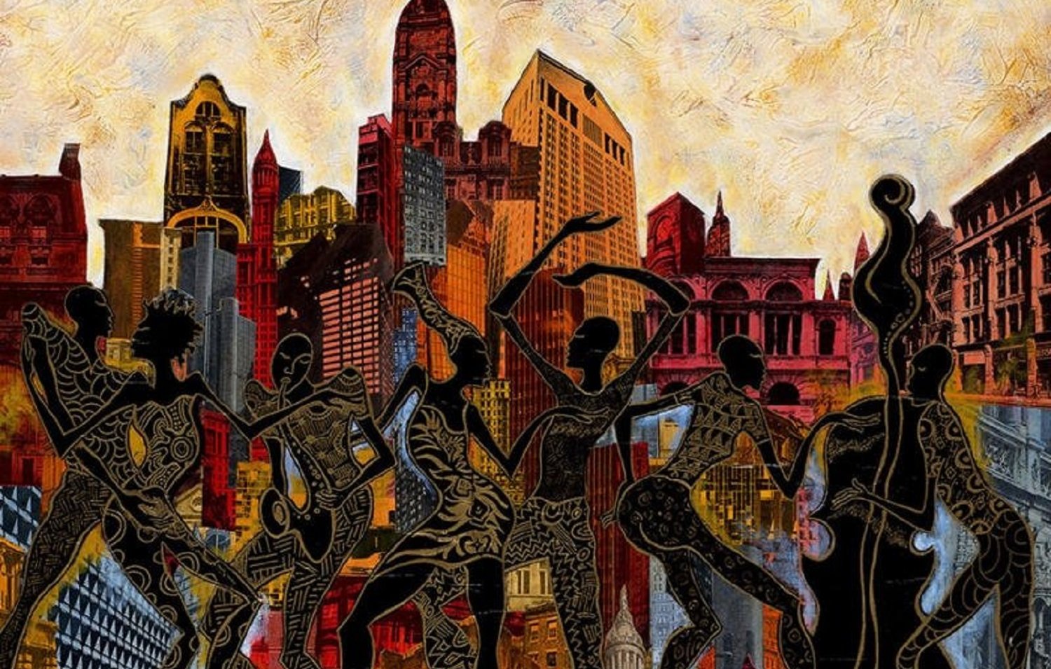 L'image que vous décrivez présente une scène dynamique et vibrante de silhouettes humaines dansantes. Ces figures, stylisées et remplies de motifs, évoquent une ambiance festive et joyeuse, suggérant le mouvement et l'énergie. En arrière-plan, on aperçoit une silhouette de ville moderne avec des buildings majestueux, aux formes variées, qui évoquent une atmosphère urbaine animée. Les couleurs sont chaudes, avec des nuances de rouge, d'orange et de jaune, créant un contraste avec les silhouettes sombres. Cette œuvre respire la culture et la vitalité, offrant une impression de célébration et de vie citadine. C'est un hommage visuel à l'art et à la danse, en synchronisation avec le pouls de la ville. 