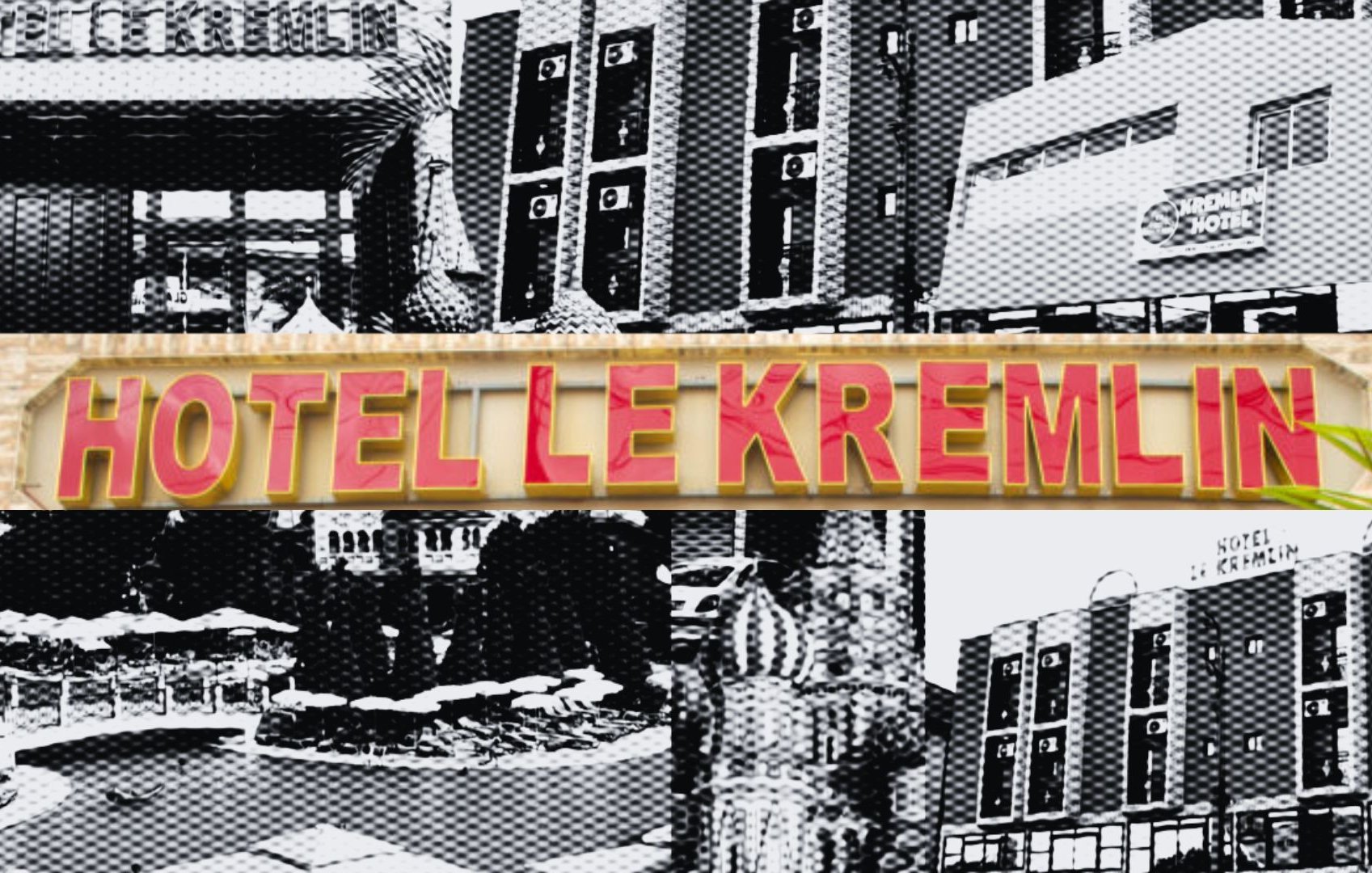 L'image présente un collage en noir et blanc d'éléments architecturaux, avec un texte central coloré indiquant "Hôtel Le Kremlin". On peut voir des bâtiments avec un style distinctif, évoquant une ambiance urbaine. Le contraste entre le texte coloré et les images en noir et blanc attire l'attention. Des éléments décoratifs, peut-être inspirés de l'architecture russe, renforcent le thème de l'hôtel.