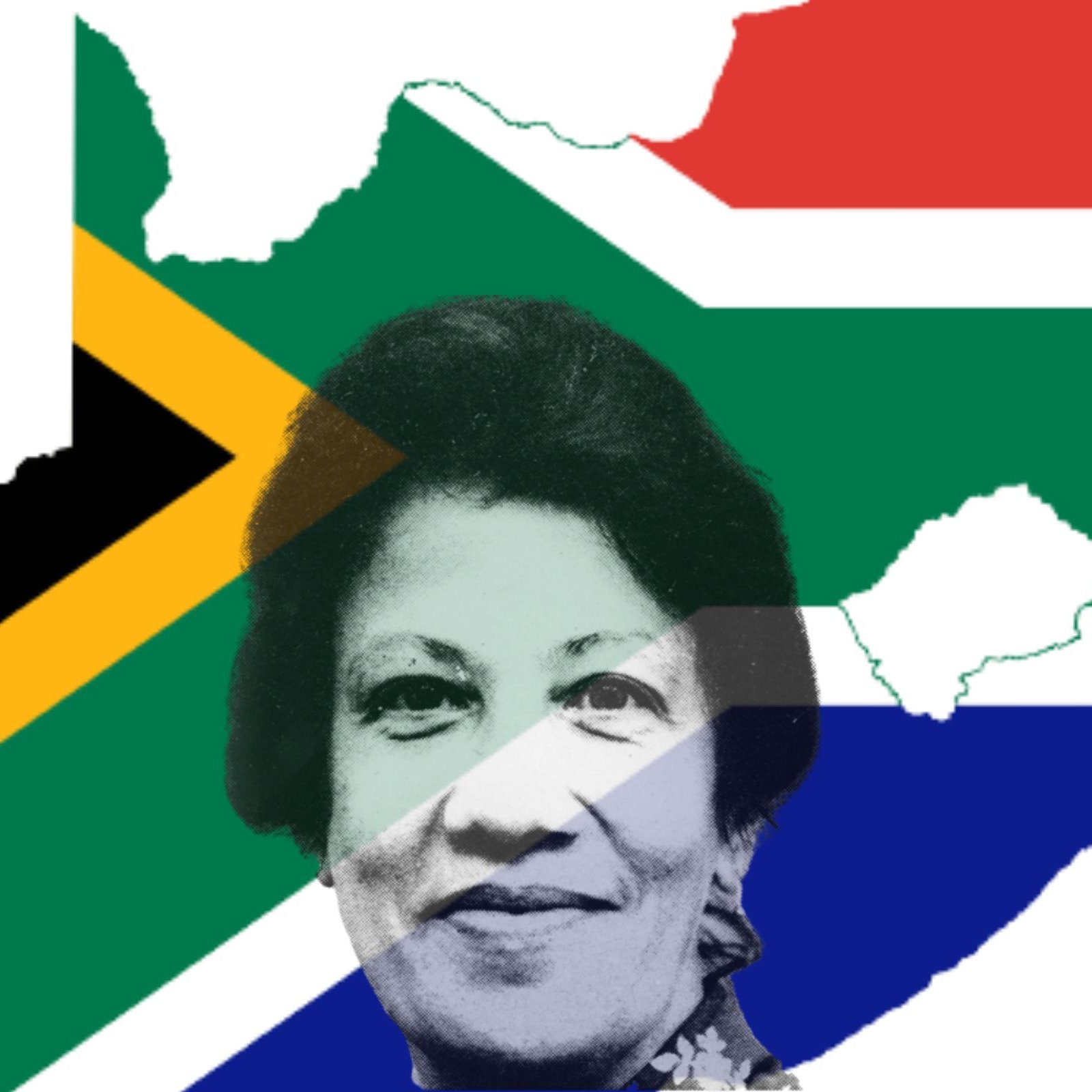 L'image présente une composition graphique : en arrière-plan, on distingue le contour de la carte de l'Afrique du Sud, superposé aux couleurs de son drapeau, avec des motifs verts, noirs, et jaunes. Au premier plan, il y a le portrait d'une femme, semblant souriante, dont le visage est légèrement stylisé dans des tons de gris. Cette image évoque un lien fort avec l'identité sud-africaine et pourrait représenter une figure importante de ce pays.
