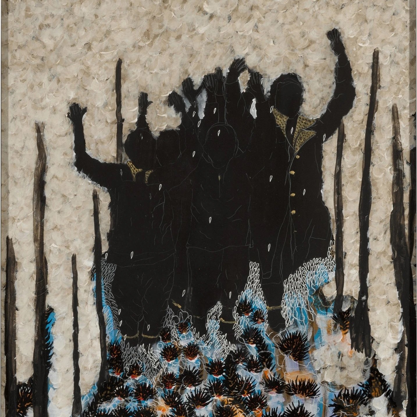 L'image représente une scène artistique où des silhouettes de personnes se dressent avec les bras levés, comme si elles exprimaient de la joie ou de la résistance. Ces silhouettes sont en noir, contrastant avec un arrière-plan texturé et lumineux. Ce dernier est composé de nuances pastel, évoquant des formes de végétation. En bas de l'image, on distingue des motifs évoquant le sol, peut-être des plantes ou des fleurs stylisées, ajoutant une dimension organique à la composition. L'ensemble crée une atmosphère dynamique et vibrante, symbole de force collective.