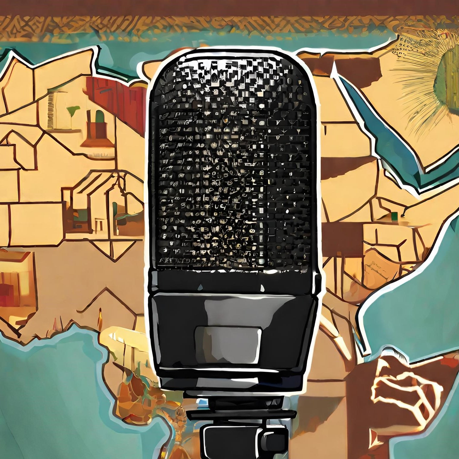 L'image présente un microphone classique, en métal noir et brillant, placé au centre. En arrière-plan, une carte stylisée de l'Afrique est visible, avec des contours et des formes évoquant des paysages et des motifs culturels. Les couleurs de la carte sont variées, avec des teintes de marron, de bleu et de vert. Ce contraste entre le microphone et la carte met en avant une connexion entre la musique ou la voix et les diverses cultures africaines. L'ensemble crée une atmosphère dynamique, évoquant l'idée de communication et d'expression artistique.