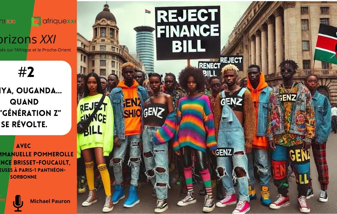 L'image présente un groupe de jeunes, souvent d'origines diverses, qui se tiennent ensemble dans un environnement urbain dynamique. Ils portent des vêtements aux couleurs vives et au style tendance, avec des slogans visibles sur leurs tenues et des pancartes. Au centre, le message principal "REJECT FINANCE BILL" est affiché en lettres grandes et claires, soulignant leur protestation. La scène évoque un sentiment de solidarité et de détermination, illustrant l'engagement de la "Génération Z" dans des sujets sociaux et politiques. En arrière-plan, des bâtiments modernes et historiques contribuent à l'ambiance urbaine.