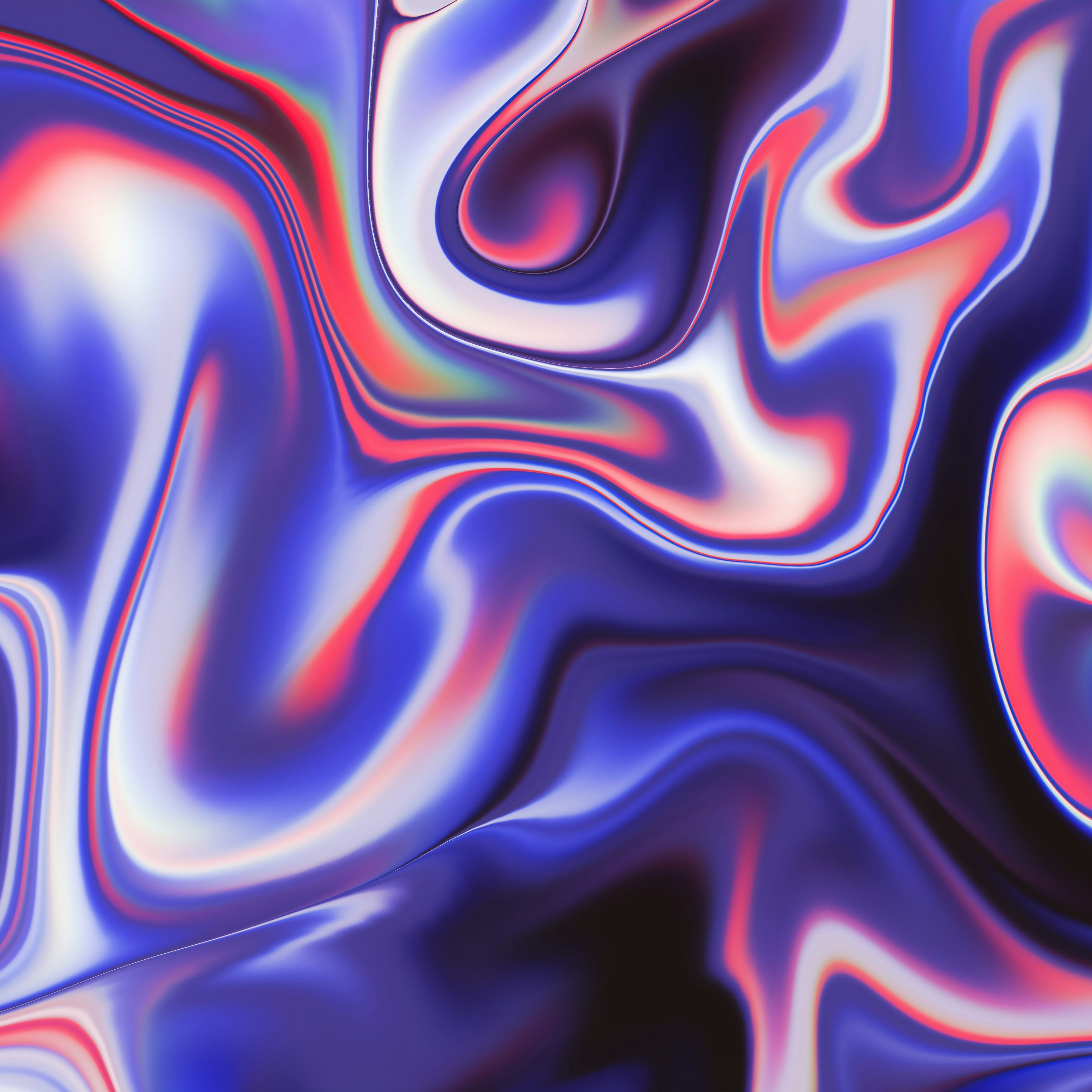 Imaginez une surface fluide et dynamique, presque comme des vagues dans l'eau. Les couleurs tourbillonnent et s'entrelacent, créant des motifs doux et asymétriques. Les teintes de bleu profond se mélangent avec des nuances de violet, tandis que des touches de blanc éclatant et de rouge éclairent le tableau, ajoutant une sensation de chaleur. Les contours sont organiques et sinueux, évoquant un mouvement constant, presque hypnotique. Cette image pourrait transmettre une impression de calme ou de rêverie, invitant à l'exploration sensorielle dans un monde abstrait.