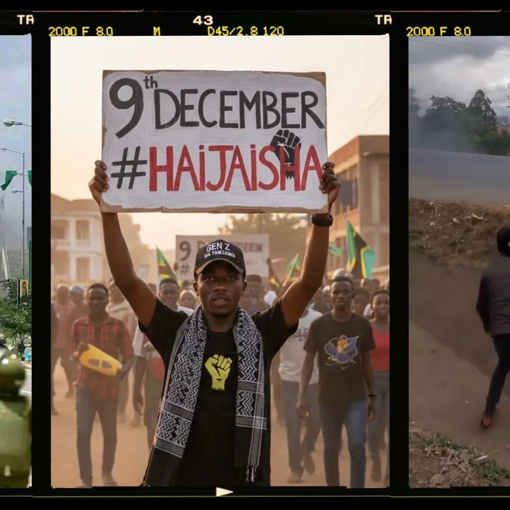 The image appears to be a triptych, consisting of three separate panels: 1. **Left Panel**: Shows a scene of chaos with smoke billowing in the background, likely from protests or riots. There are people, possibly demonstrators or security forces, visible in the foreground. 2. **Middle Panel**: Features a young man holding a sign that reads "9th December #HAJTAISHA." He is dressed casually and appears to be at a demonstration or rally, suggesting a call to action or awareness about an event on that date. 3. **Right Panel**: Depicts a person interacting with a political campaign poster or sign. The poster displays an image of a candidate or public figure, indicating a political context. Overall, the image conveys themes of political activism, public protests, and the importance of civic engagement.