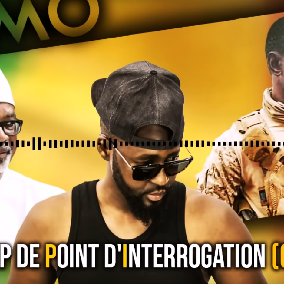 L'image présente un collage dynamique avec des éléments visuels attrayants. À gauche, on voit un homme portant un costume traditionnel et un chapeau blanc. À droite, un soldat en uniforme militaire, avec une expression sérieuse. Au centre, un homme en t-shirt noir regarde vers le bas, semblant pensif. En arrière-plan, on distingue des couleurs vives, principalement vert et jaune, ajoutant une atmosphère énergique. En bas de l'image, il y a le texte "COUP DE POINT D'INTERROGATION (CPI)" en lettres capitales, indiquant probablement le titre ou le thème central de l'œuvre. En somme, l'image évoque une confrontation ou un dialogue autour de questions importantes.