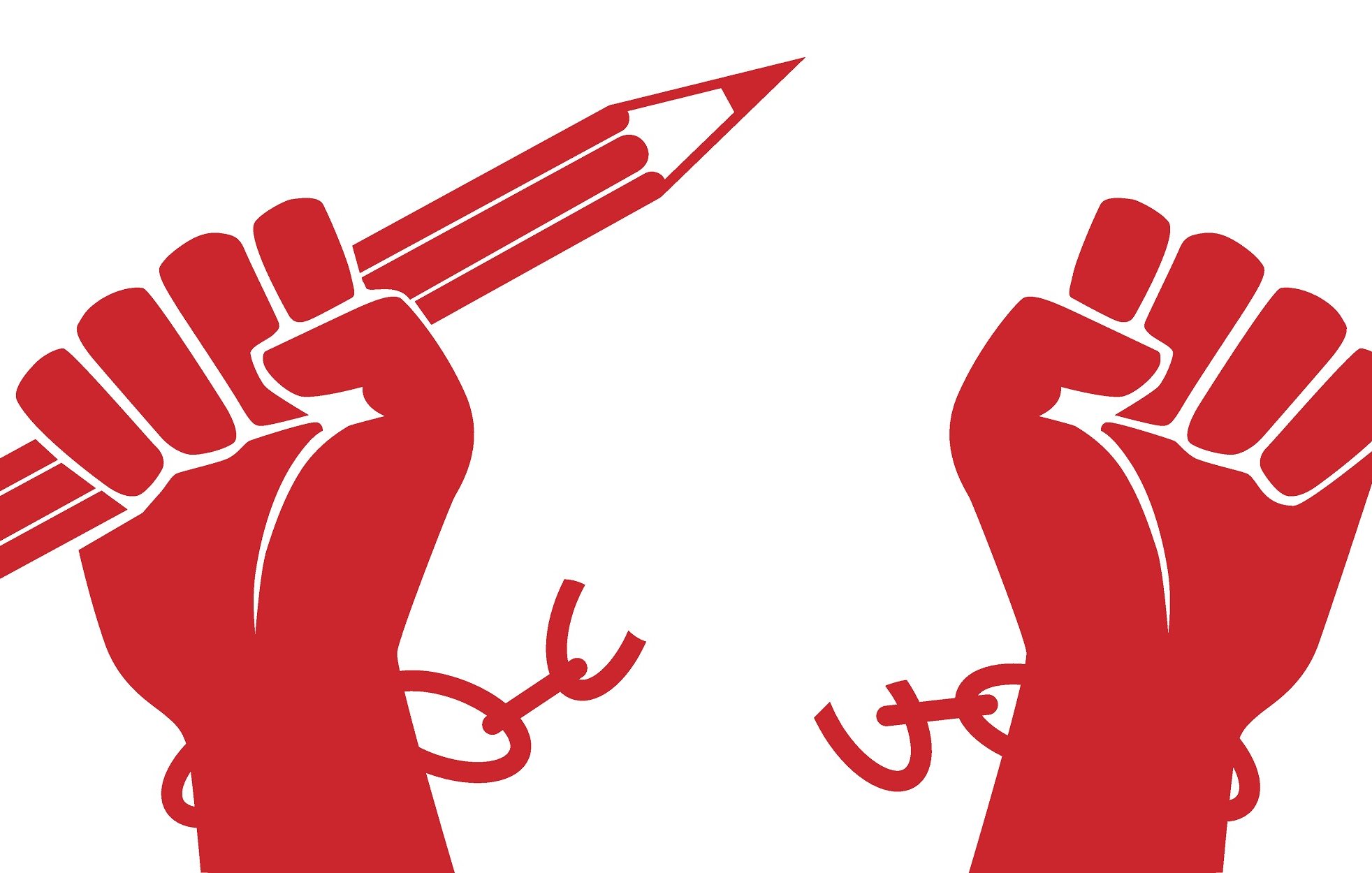 L'image représente deux poings levés, symbolisant la résistance et la lutte. L'un des poings tient un crayon, signifiant l'importance de la liberté d'expression et de la créativité. Les poignets des mains sont entravés par des chaînes, symbolisant l'oppression et la restriction. L'ensemble est présenté dans une teinte rouge, qui évoque la passion et la détermination. Cette image illustre un message fort sur la libération et la défense des droits.