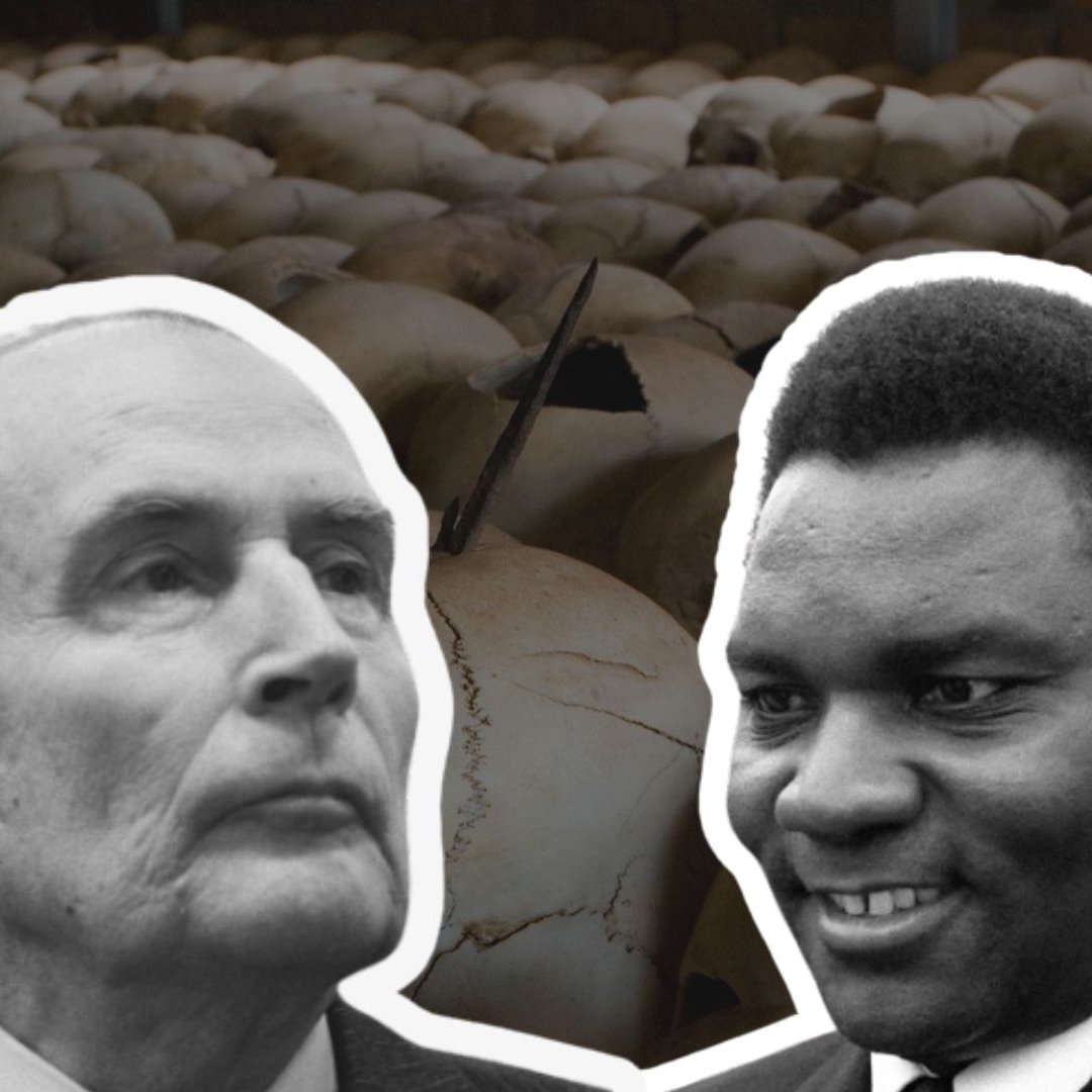 L'image illustre deux figures humaines, probablement des personnages historiques, disposées sur un fond sombre composé de nombreux crânes. La surface sur laquelle se trouvent les crânes est irrégulière, accentuant l'aspect tragique de la scène. Les visages des deux individus en premier plan sont présentés de manière distincte, l'un étant pensif et sérieux, tandis que l'autre affiche un sourire. La juxtaposition des personnages avec le fond évoque des thèmes de mémoire et de conflit, créant une atmosphère pesante et émotive.