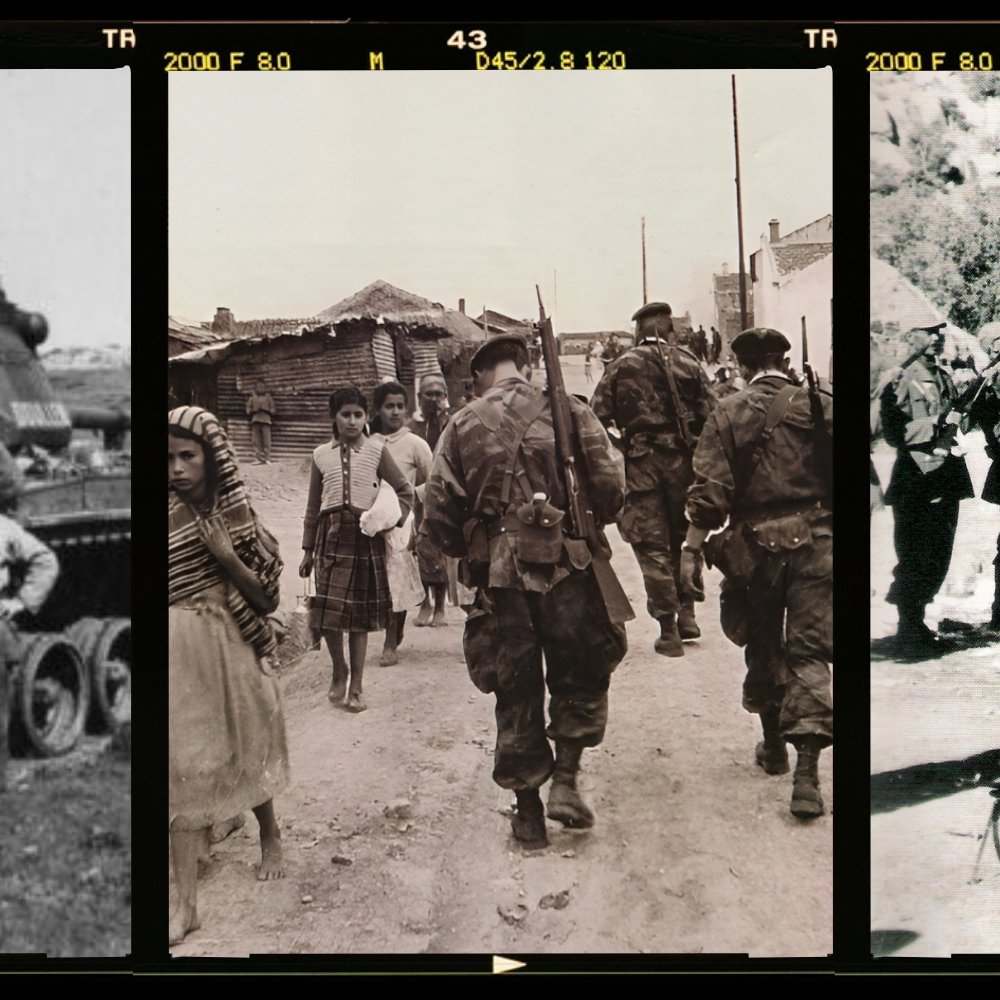 The image is a collage made up of three historical photographs. 1. The first photo features two soldiers posing next to a tank, likely indicating a military setting from a past conflict. 2. The second photo shows a group of soldiers walking along a dirt path, with civilians, including children, visible in the scene, suggesting a backdrop of active military presence or conflict. 3. The third photo depicts a group of armed soldiers standing together, holding a flag and possibly engaging in a ceremonial or formal activity. Overall, the images appear to capture moments related to military operations or historical events, possibly during a war or conflict.