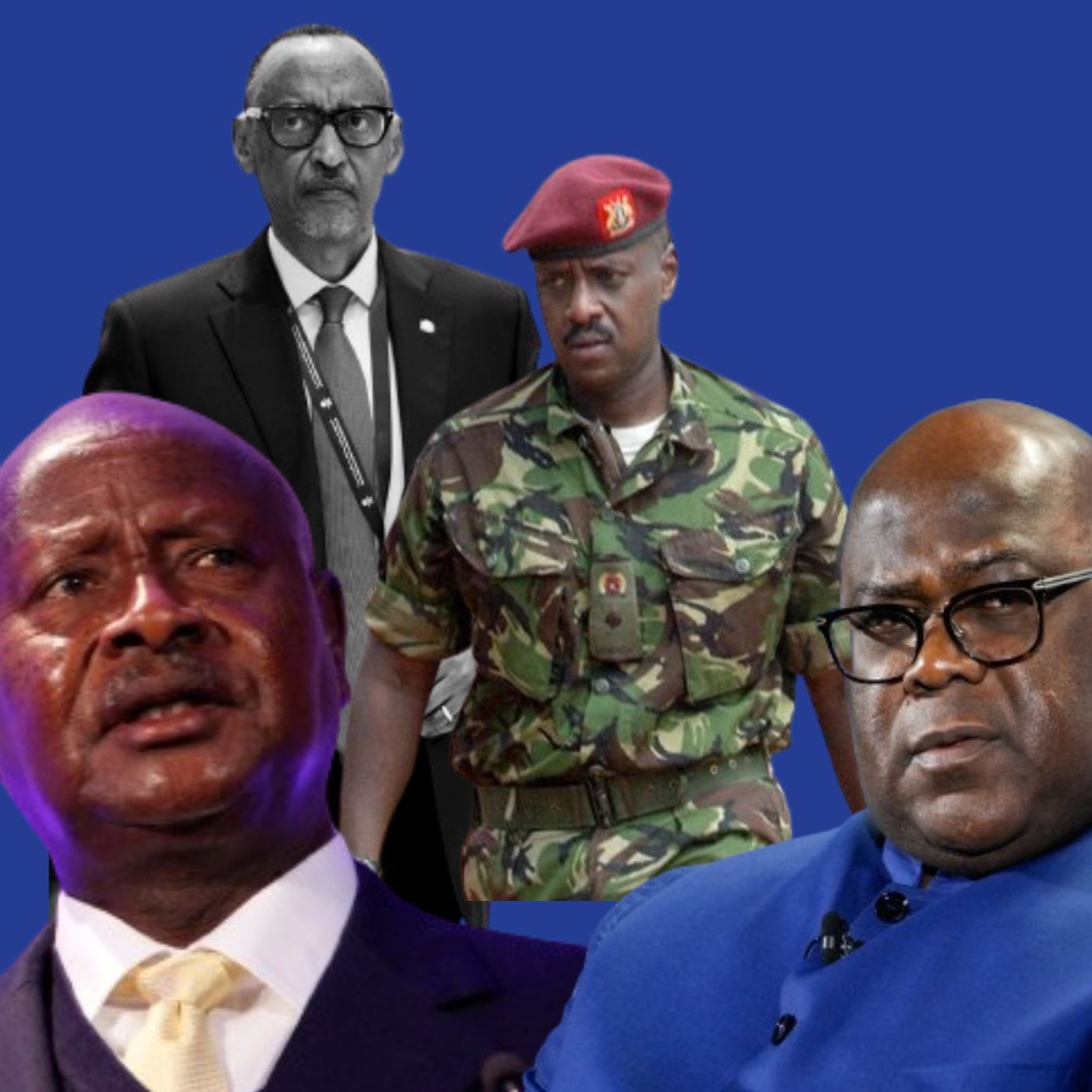 L'image présente plusieurs figures au premier plan, avec un arrière-plan bleu. À gauche, on voit un homme avec une expression préoccupée, au centre un militaire en tenue camouflage, et à droite un homme portant des lunettes et une expression sérieuse. En arrière-plan, il y a une autre silhouette d'un homme en costume. L'ensemble crée une composition qui semble mettre en avant des personnages influents dans un contexte politique ou militaire.