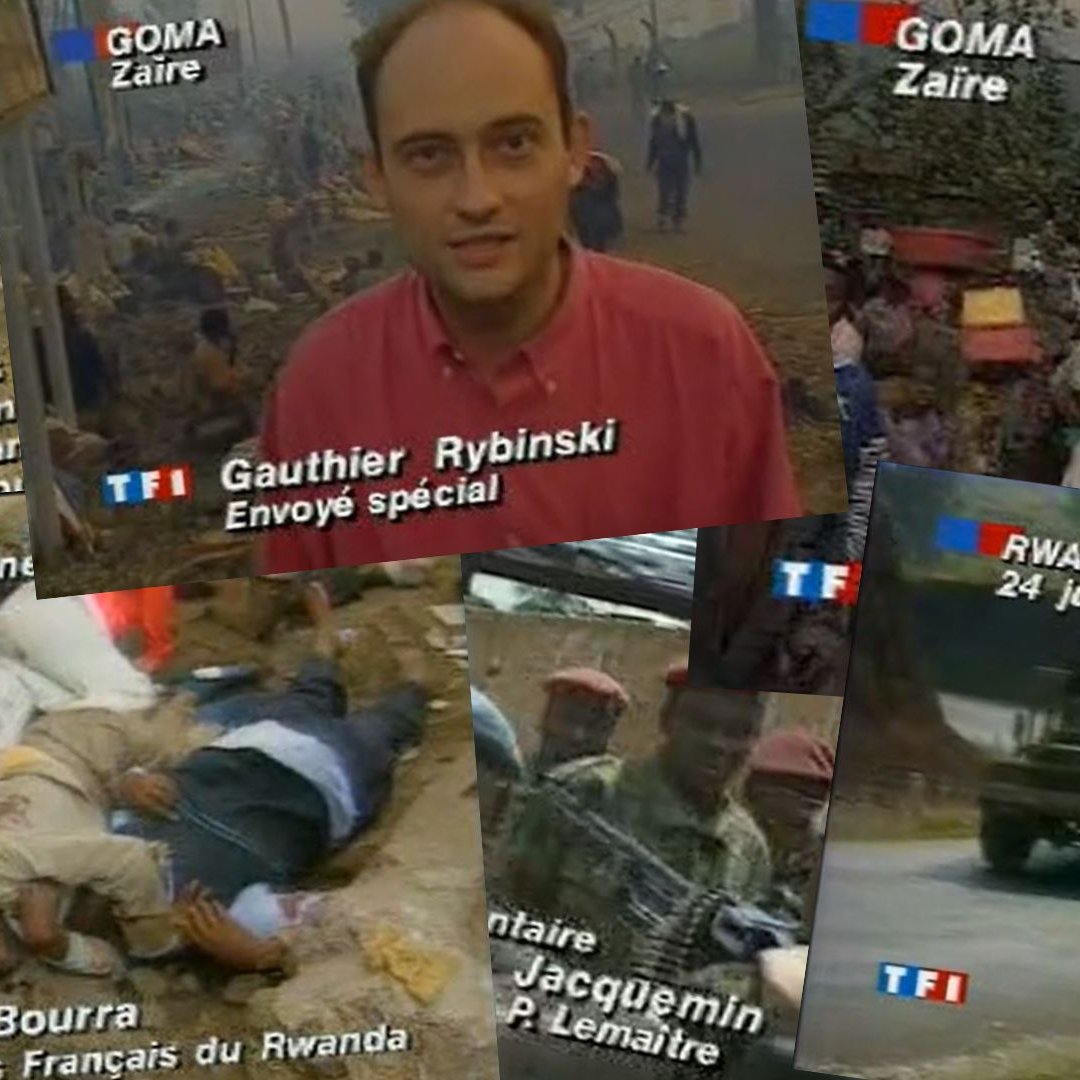 L'image se compose de plusieurs extraits de reportages d'actualité sur la crise en Afrique, plus précisément en Zaire et au Rwanda. On y voit des journalistes en train de présenter des informations importantes. Dans le coin supérieur gauche, un homme, Gauthier Rybinski, est en train de rapporter sur le terrain, avec un arrière-plan montrant des gens et des véhicules. Au centre, une image montre des blessés ou des victimes, soulignant la gravité de la situation. Sur une autre partie de l'image, Alain Bourra discute de la situation des Français au Rwanda, tandis que d'autres journalistes comme Jacques Lemaître évoquent des faits d'actualité. Enfin, en bas à droite, un panneau indique "CYANGUGU", ce qui peut faire référence à une localisation clé. L'ensemble de l'image évoque une atmosphère de crise, d'urgence et de couverture médiatique de conflits majeurs.