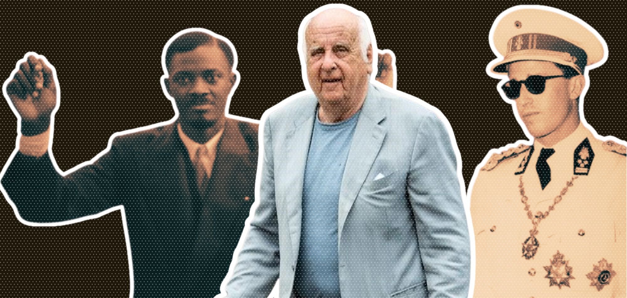 L'image présente trois figures distinctes, chacune représentée dans un style photographique. 1. À gauche, un homme noir, habillé en costume sombre, lève un bras avec détermination, montrant potentiellement un geste de protestation ou de célébration. 2. Au centre, un homme plus âgé, d'apparence amicale, porte un blazer clair et un t-shirt bleu. Il semble être en train de marcher, dégageant une aura de respectabilité et de sagesse. 3. À droite, un homme habillé en uniforme militaire, portant des lunettes de soleil et des décorations sur sa tenue. Son expression est sérieuse, ajoutant une dimension de pouvoir ou d'autorité à son image. L'arrière-plan est de couleur sombre, mettant en valeur les personnages qui sont entourés d'un contour blanc, ce qui attire l'attention sur leurs différences de style et de caractère.