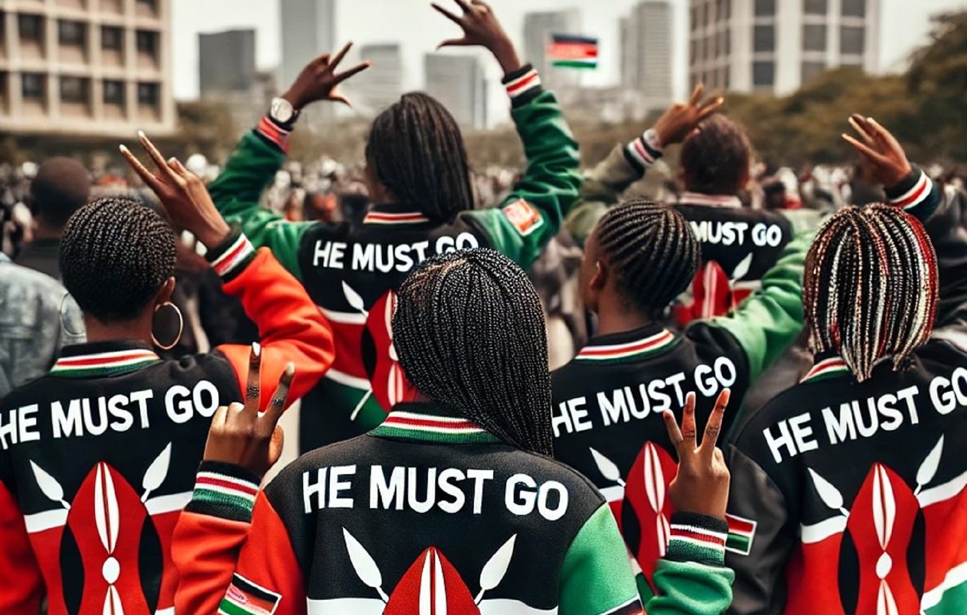 The image shows a group of people standing with their backs to the camera, all wearing matching colorful jackets that feature the Kenyan flag and an artistic design of traditional Kenyan symbols. They have their hands raised in a peace sign gesture, indicating solidarity and protest. The text "HE MUST GO" is prominently displayed on the back of each jacket, suggesting a strong political message. In the background, there are buildings and a crowd, indicating that this is likely taking place in a public demonstration or rally.