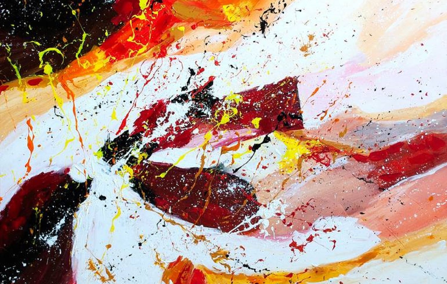 L'image représente une peinture abstraite vibrante avec des couleurs chaudes. On y voit des teintes de rouge, orange et jaune qui se mêlent, créant une sensation dynamique et énergique. Des éclaboussures de peinture jaune ajoutent de la texture, tandis que des zones de blanc apportent de la luminosité. La composition semble être en mouvement, évoquant une passion ou une explosion créative. Les coups de pinceau sont à la fois larges et délicats, suggérant une fluidité entre les différentes couleurs. Cette œuvre évoque des émotions intenses et invite à l'interprétation personnelle.