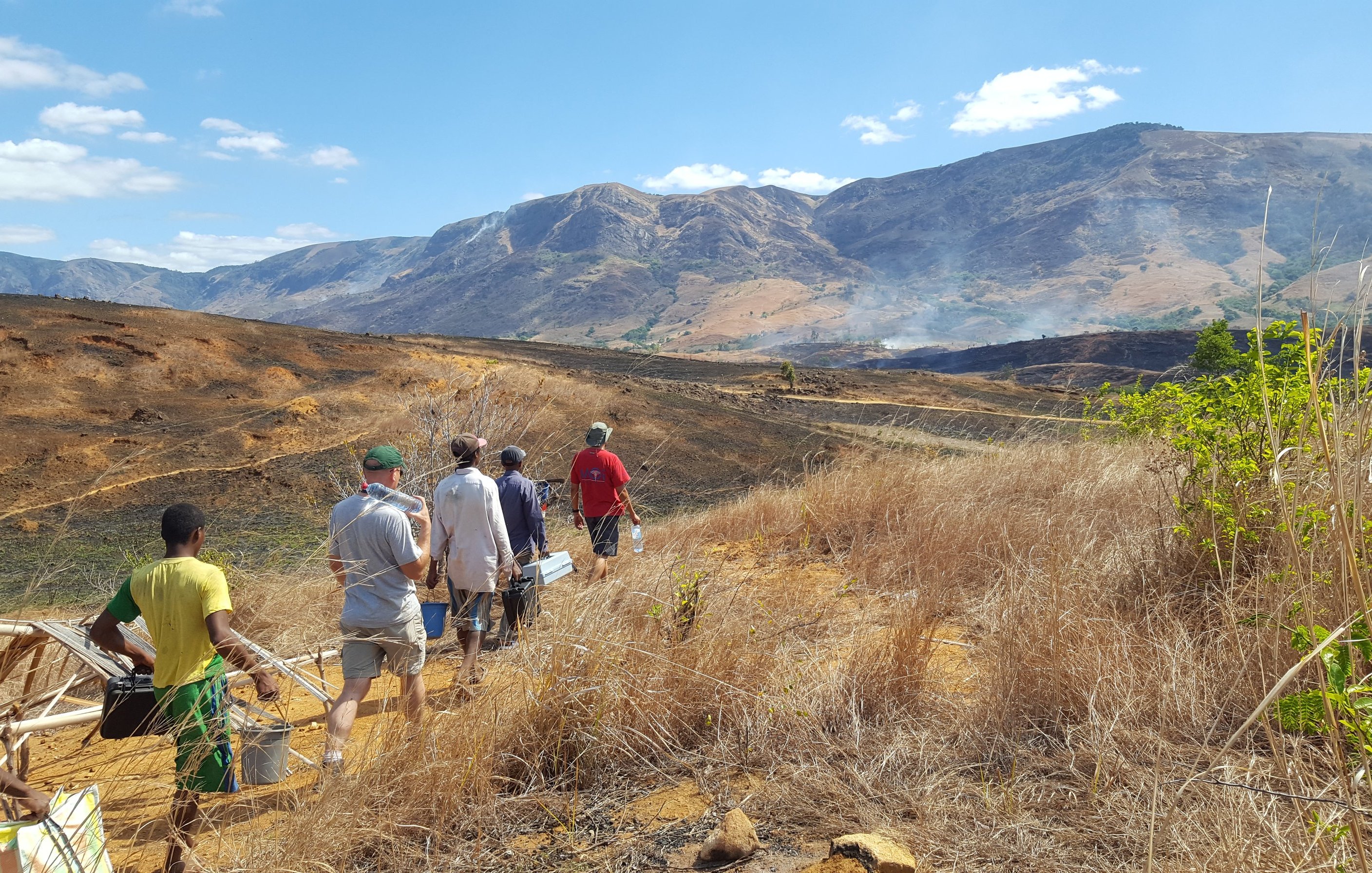 La scène dépeint un paysage rural habité par des personnes marchant sur un terrain partiellement brûlé. Au premier plan, plusieurs individus, habillés de vêtements décontractés, avancent avec des outils ou des équipements à la main. L'environnement est dominé par des herbes sèches et des terres noircies, traces d'un feu récent. À l'arrière-plan, on aperçoit des collines et des montagnes qui se dressent majestueusement sous un ciel bleu parsemé de nuages blancs. L'atmosphère est celle d'une randonnée dans la nature, mêlant effort humain et les conséquences d'une activité agricole ou un incendie. L'ensemble évoque une interaction entre l'homme et son environnement, avec une certaine gravité due à la destruction visible.