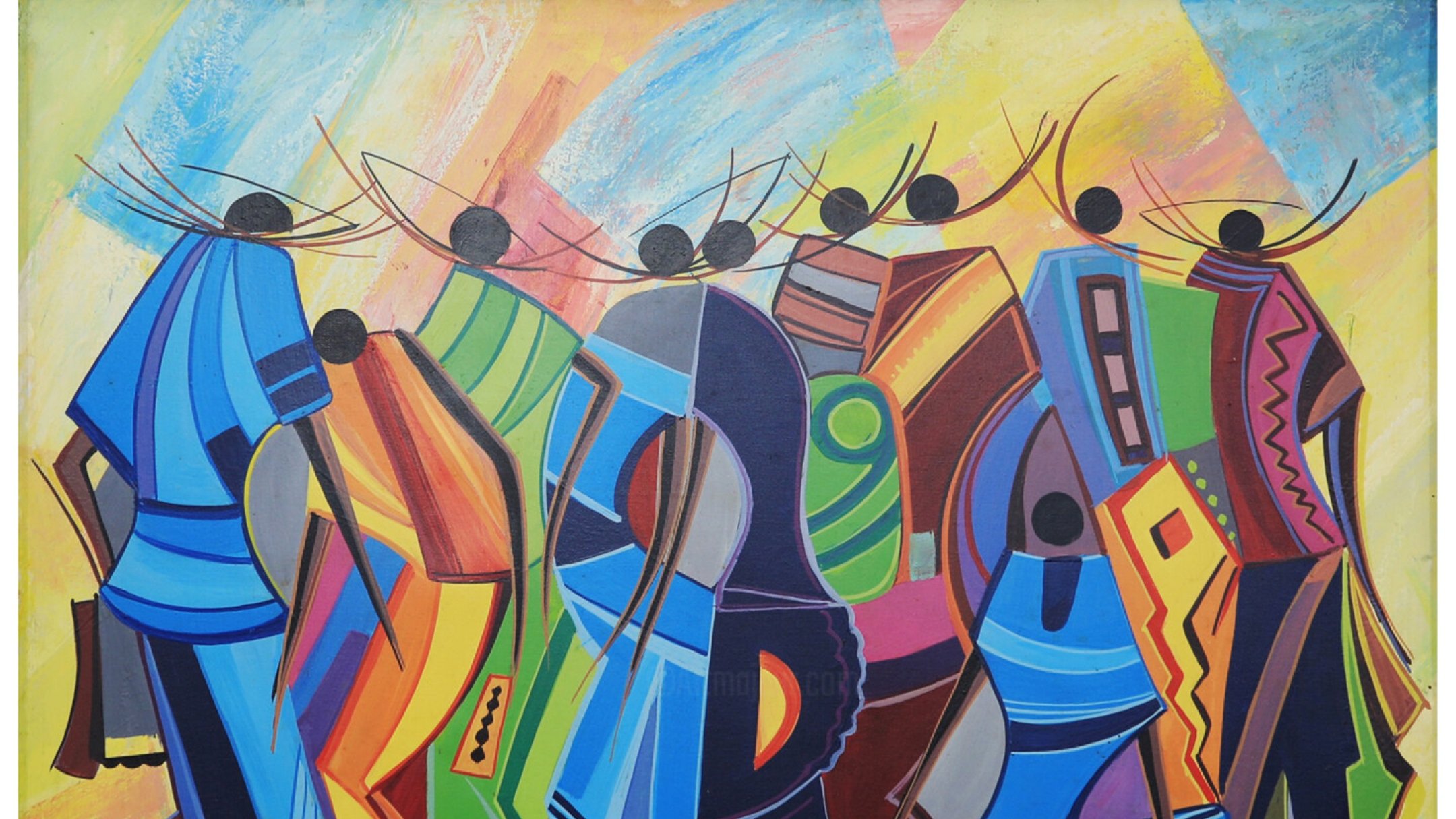 L'image présente une composition colorée et vibrante, typique de l'art abstrait. On y voit plusieurs silhouettes humaines, représentant des personnes en mouvement, probablement en train de marcher ensemble. Les figures sont stylisées, avec des formes géométriques et des lignes fluides, créant une dynamique de groupe. Les couleurs vives, comme le bleu, le rouge, le vert et le jaune, se mélangent harmonieusement, évoquant une atmosphère festive et joyeuse. L'arrière-plan est également coloré, ajoutant à la sensation de mouvement et d'énergie collective. Les personnages semblent engagés dans une interaction vivante, suggérant une fraternité et une célébration partagée.