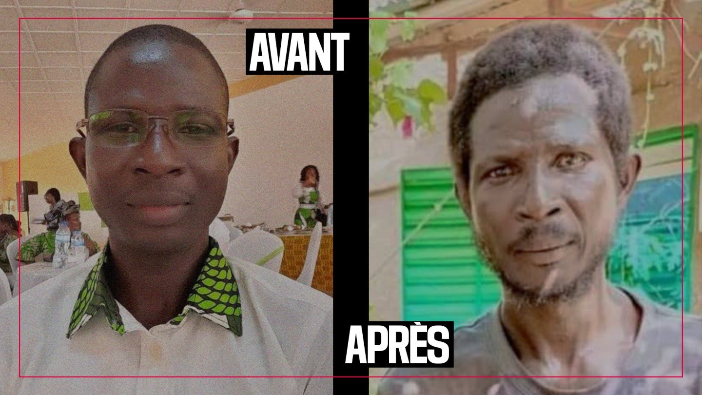 L'image est divisée en deux parties : à gauche, on voit un homme bien habillé, souriant, avec des lunettes et une chemise à motifs verts. Il a l'air soigné et détendu, entouré d'un environnement de fête ou de réunion. À droite, l'homme apparaît dans une situation contrastante. Son visage est plus marqué, il a une barbe peu soignée et des cheveux ébouriffés. Son regard semble plus fatigué et il porte des vêtements usés. L'arrière-plan montre une fenêtre verdâtre, suggérant un cadre moins festif et peut-être plus modeste. Cette comparaison met en évidence un changement significatif dans l'apparence de l'homme, symbolisant peut-être des difficultés ou des transformations dans sa vie.