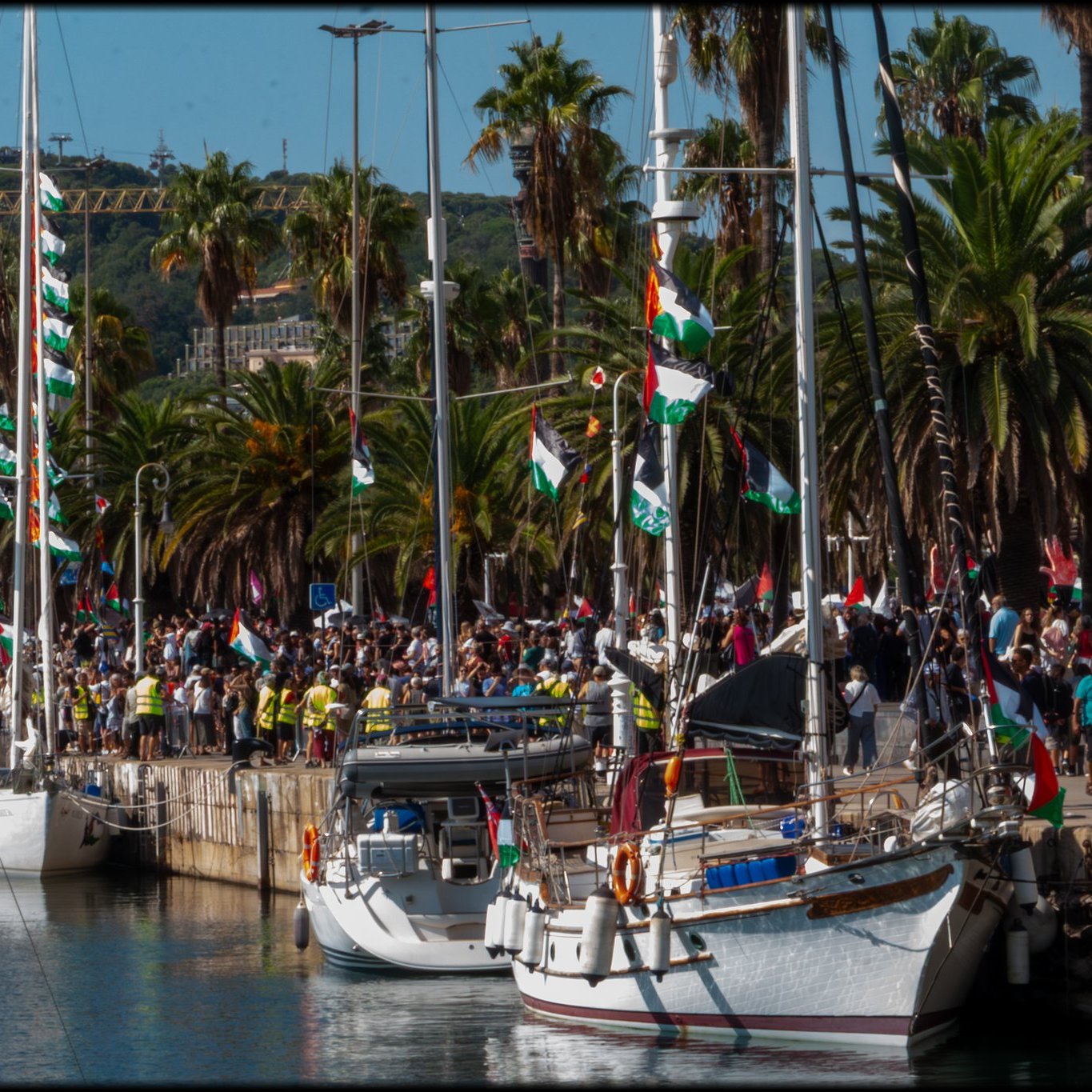 L'image montre un moment capturé au coucher du soleil sur un port. À l'arrière-plan, le ciel est teinté de nuances chaudes d'orange et de rose, tandis que le soleil se cache derrière les bâtiments. Au premier plan, deux personnes sont en train de manipuler un drapeau. L'une d'elles tient un drapeau avec des couleurs symboliques, représentant la Palestine, et l'autre semble l'accrocher ou le déployer. Les personnes sont habillées de manière décontractée, et on remarque des foulards avec des motifs spécifiques. Le port est animé, avec des bateaux amarrés et un léger reflet des lumières du soleil sur l'eau. L'atmosphère dégage une impression de solidarité et d'engagement.