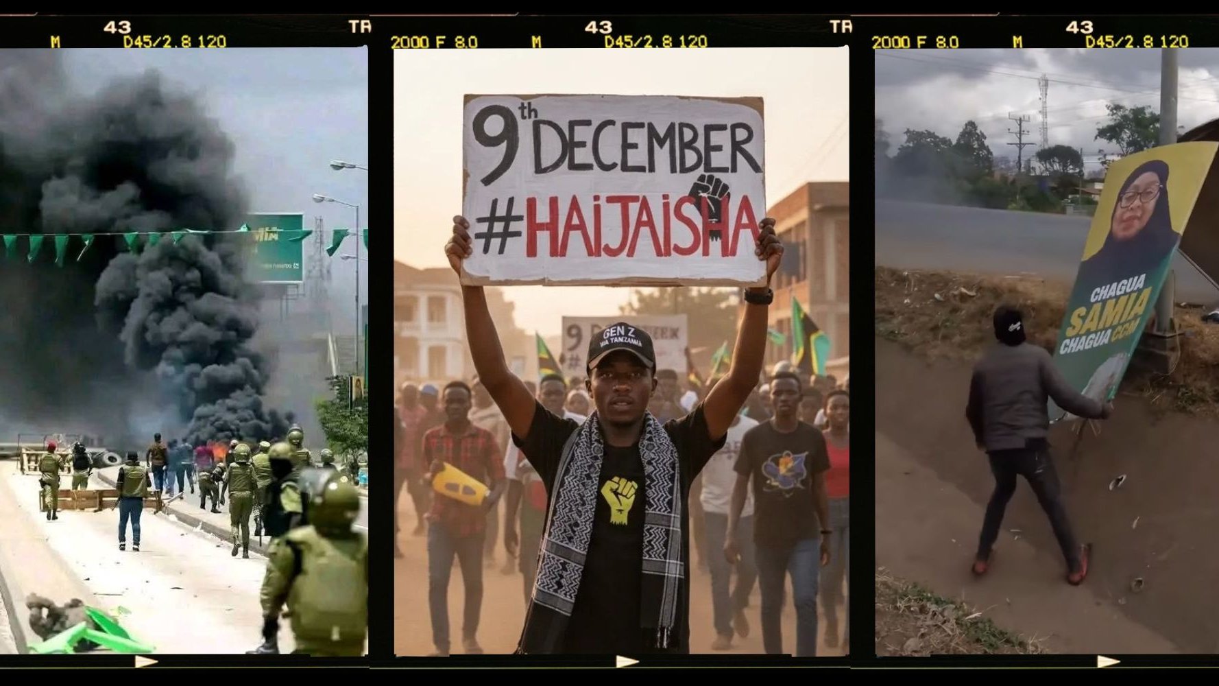 Cette image est divisée en trois parties distinctes. Dans la première partie, on voit une scène de chaos avec de la fumée noire s'élevant, suggérant une manifestation ou des troubles civils. Des personnes sont visibles, probablement en train de s'éloigner ou de s'affronter avec les forces de l'ordre, créant une atmosphère de tension. La deuxième partie montre un homme levant un grand panneau sur lequel est écrit "9th December #Haitajisha". Il semble être au centre d'une manifestation, affichant un message de protestation ou d'appel à l'action. Il porte un t-shirt noir et une écharpe, s'affirmant visiblement dans son engagement. Dans la troisième partie, un autre homme est aperçu en train de manipuler un panneau de campagne. Ce panneau semble représenter un candidat ou un supporter politique, et l'environnement évoque un espace urbain. L'ensemble de l'image donne un aperçu des dynamiques sociales et politiques actuelles, mêlant des éléments d'activisme et d'engagement communautaire.