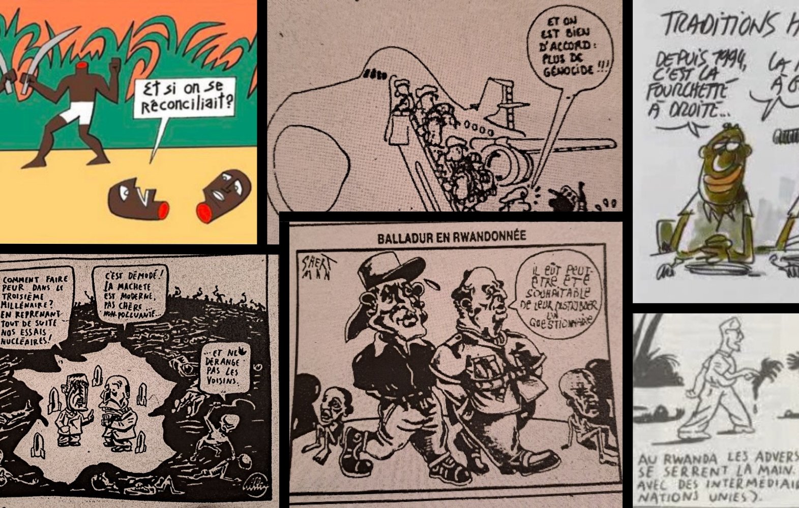 L'image est une composition de plusieurs dessins humoristiques et caricatures. 1. En haut à gauche, on voit une illustration où deux personnages discutent, l'un disant simplement "Et si on se réconciliait ?". 2. En haut à droite, une scène marine avec un bateau et un personnage qui semble occupé à une tâche, suggérant une ambiance d'aventure ou d'exploration. 3. En bas à gauche, il y a une représentation d'individus dans une situation de conflit ou de tension, avec un décor qui semble symboliser un retour à la nature ou aux racines. 4. En bas à droite, une caricature dépeignant des figures souvent associées à la critique sociale, avec des traits exagérés pour souligner des comportements ou des thèmes spécifiques. L'ensemble dégage un mélange d'humour et de réflexion sociale, probablement lié à des enjeux culturels ou politiques, utilisant le dessin comme moyen d'expression. Les couleurs et le style varié des dessins ajoutent une couche de légèreté, malgré des sujets potentiellement sérieux.