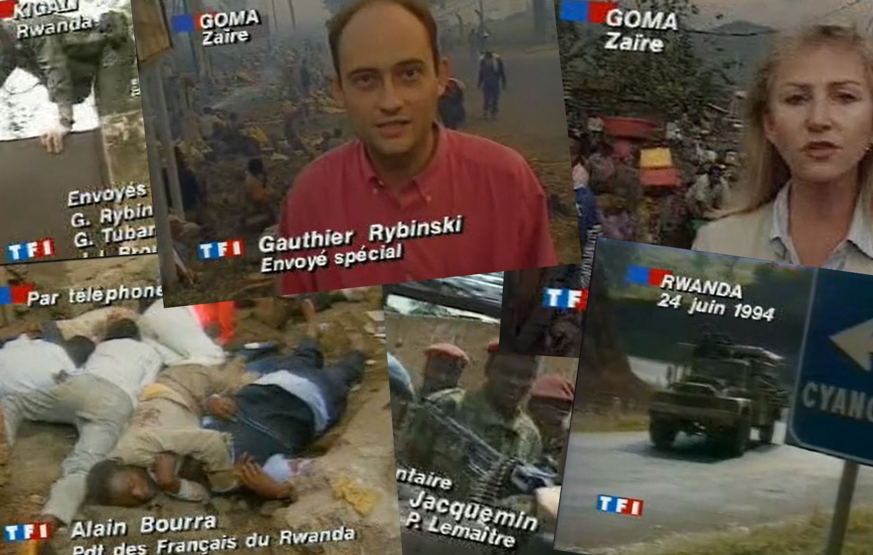L'image se compose de plusieurs extraits de reportages d'actualité sur la crise en Afrique, plus précisément en Zaire et au Rwanda. On y voit des journalistes en train de présenter des informations importantes. Dans le coin supérieur gauche, un homme, Gauthier Rybinski, est en train de rapporter sur le terrain, avec un arrière-plan montrant des gens et des véhicules. Au centre, une image montre des blessés ou des victimes, soulignant la gravité de la situation. Sur une autre partie de l'image, Alain Bourra discute de la situation des Français au Rwanda, tandis que d'autres journalistes comme Jacques Lemaître évoquent des faits d'actualité. Enfin, en bas à droite, un panneau indique "CYANGUGU", ce qui peut faire référence à une localisation clé. L'ensemble de l'image évoque une atmosphère de crise, d'urgence et de couverture médiatique de conflits majeurs.