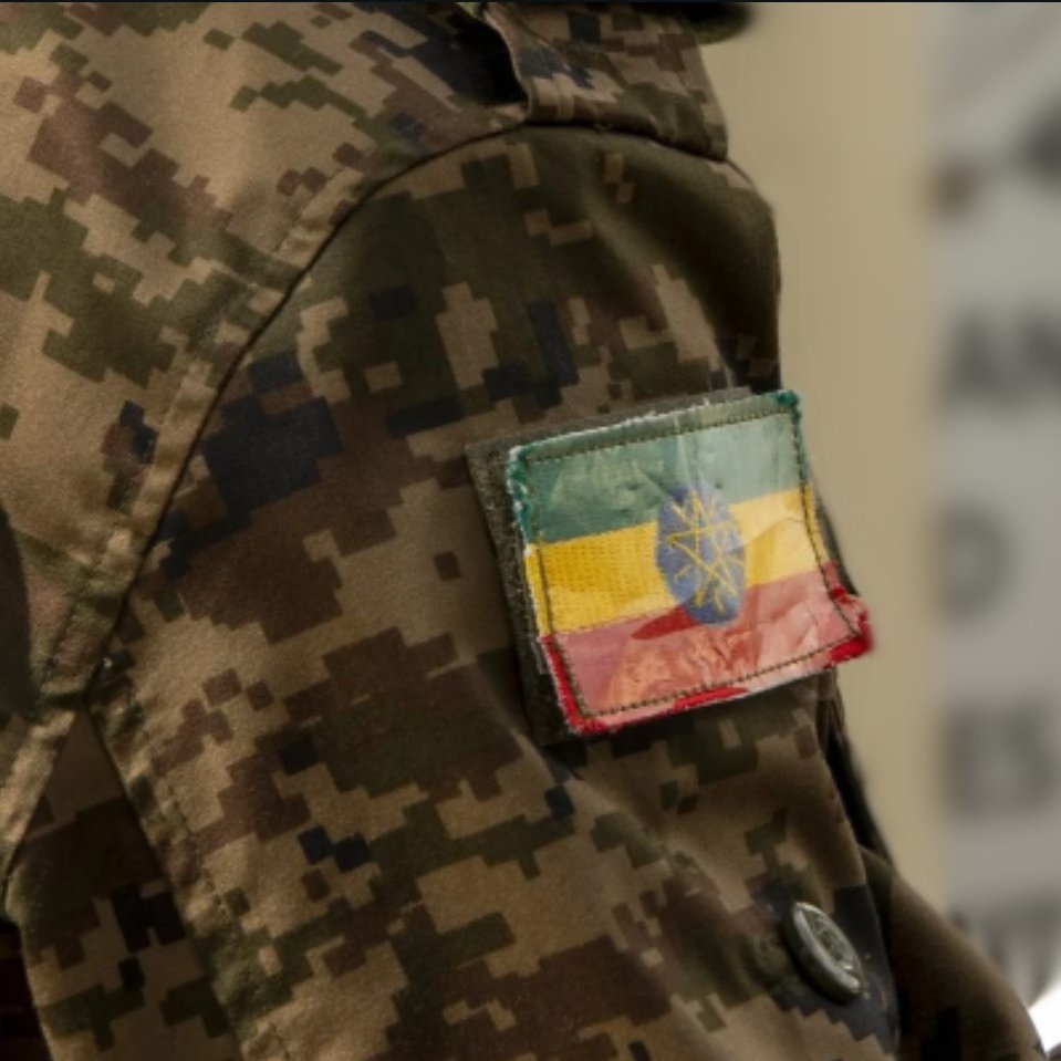 L'image montre un homme portant un uniforme militaire camouflé. Sur la manche de son uniforme, il y a un écusson tricolore représentant le drapeau éthiopien. Ce drapeau est composé de trois bandes horizontales : la bande supérieure est verte, la bande du milieu est jaune et la bande inférieure est rouge. Au centre, on retrouve une étoile bleue entourée d'un cercle doré. L'ensemble de la scène donne une impression de force et de discipline militaire.