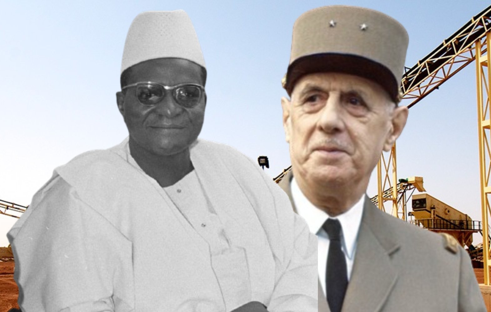 The image appears to show two historical figures in front of a background featuring industrial equipment, likely related to mining or construction. One figure is depicted in black and white, dressed in traditional attire, while the other is shown in color, wearing a military uniform and a distinctive hat. The setting suggests a focus on industrial development or political themes, potentially highlighting a historical connection between these individuals.