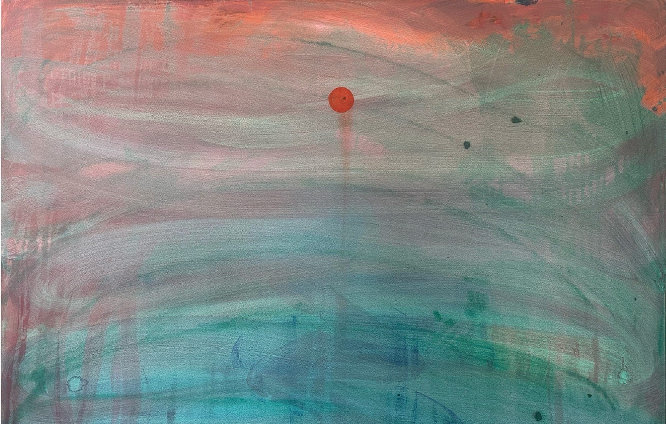 Cette image est une peinture abstraite qui présente un fond aux teintes douces. On y voit un mélange de couleurs telles que le bleu, le vert et des nuances de rose qui se côtoient harmonieusement. Au centre de la toile, un point rouge vif attire le regard, contrastant avec les couleurs environnantes. Les coups de pinceau semblent fluides, créant une sensation de mouvement et de profondeur. L'ensemble dégage une atmosphère paisible et rêveuse, invitant à la contemplation.