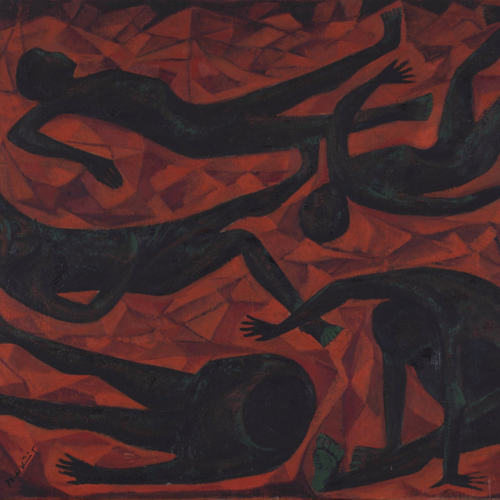 L'image présente une composition abstraite dominée par des teintes de rouge et des silhouettes humaines stylisées. Au centre, plusieurs formes noires évoquent des corps en mouvement, disposés de manière dynamique sur un fond vibrant. Les figures sont allongées et sèches, certaines semblent se déplacer, tandis que d'autres sont presque immobiles. Les contours des corps s'entremêlent, créant une impression de fluidité et de connexion. Le contraste entre les formes sombres et le fond rouge intense évoque des émotions fortes, créant une atmosphère à la fois dramatique et énergique.